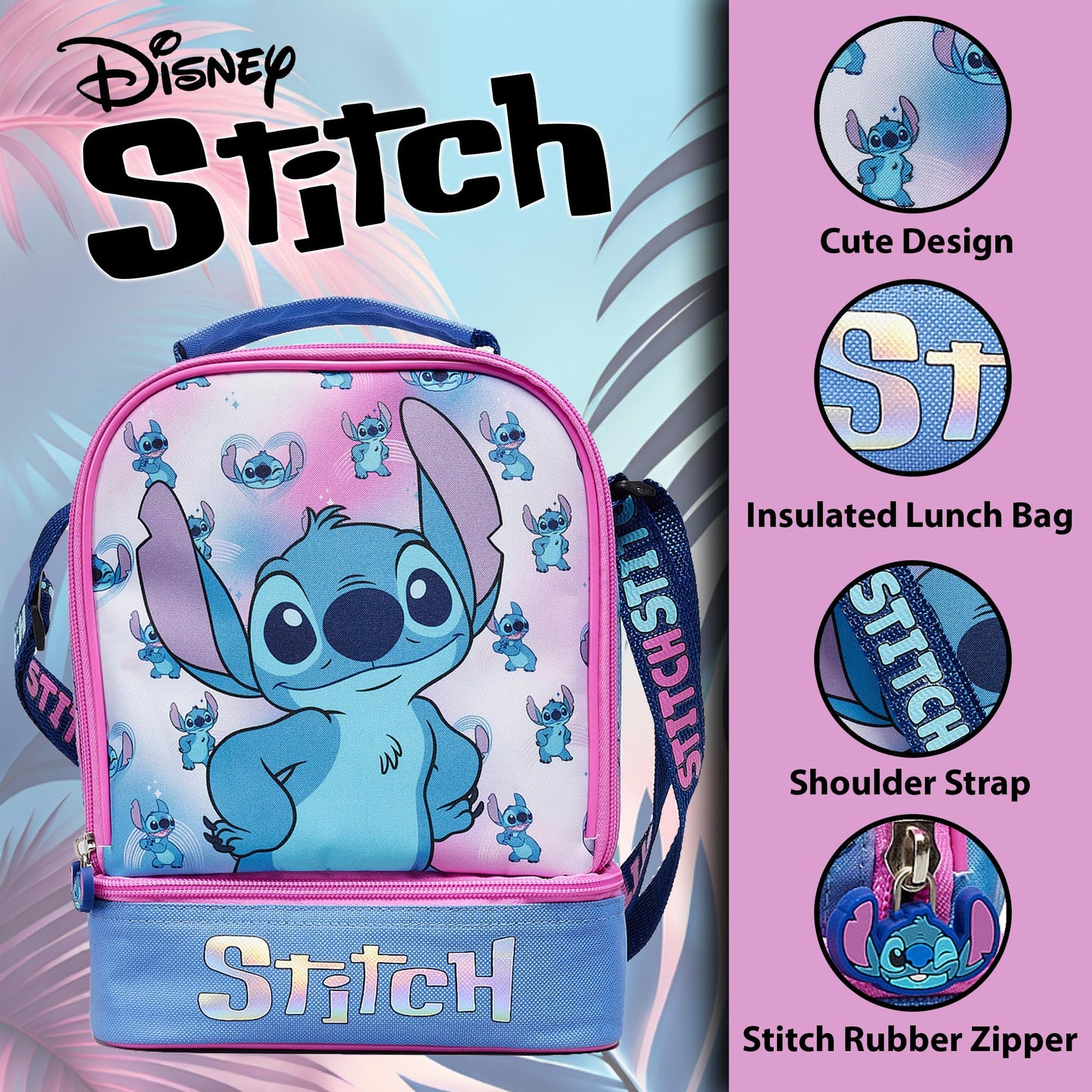 Disney Stitch Kids Lunch Bag with Insulated Lining Multi Compartment Portable Lunch Cooler Over Shoulder Bag - My Little Legends