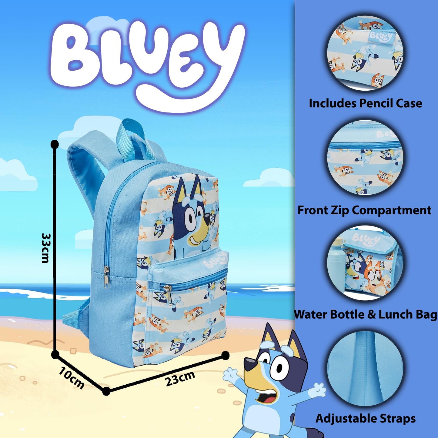 Bluey & Bingo Kids Backpack Lunch Bag Pencil Case & Water Bottle Set Childrens Nursery Rucksack - My Little Legends