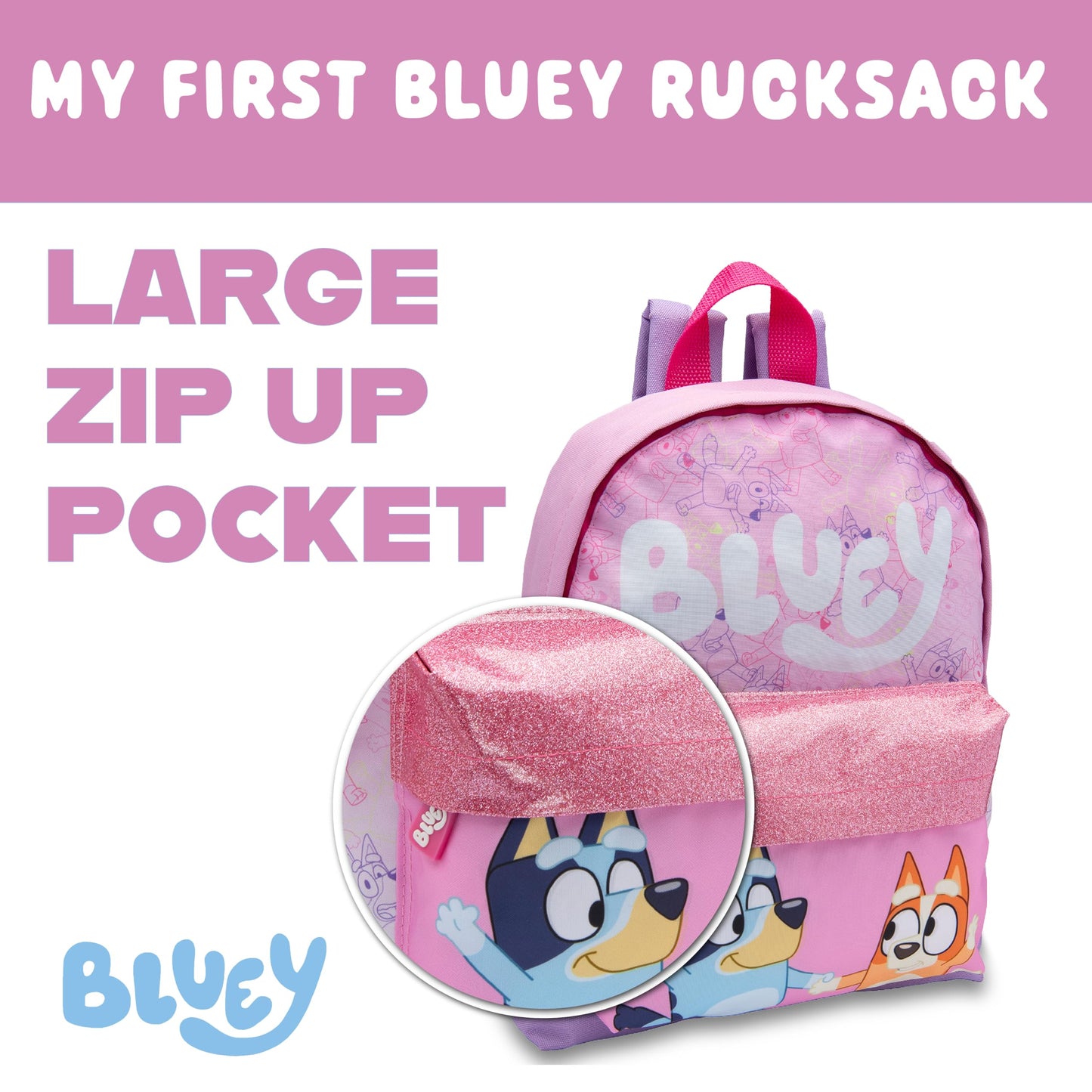 Bluey Kids Backpack Preschool Childrens Bag Girls Nursery Rucksack With Glittery Front Pocket - Pink - My Little Legends