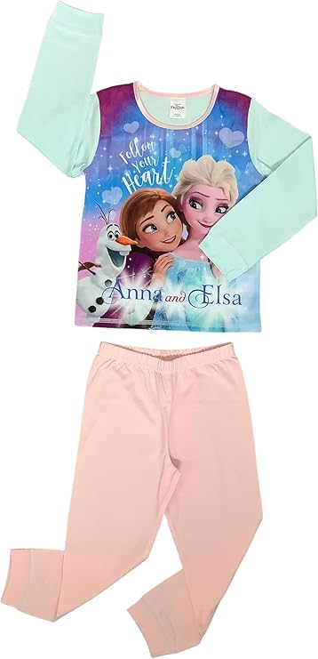 Disney Frozen, Girls 2 Piece Pyjamas Set Featuring Anna and Elsa Follow Your Heart, Pink/Blue, Age 18 Months - 5 Years - My Little Legends