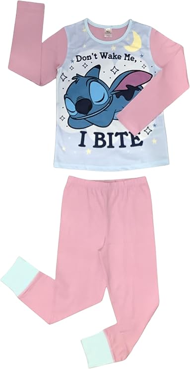 Disney Lilo & Stitch, Girls 2 Piece Pyjamas Set Featuring Stitch Don't Wake Me, I Bite, Pink, Age 5-12 Years - My Little Legends