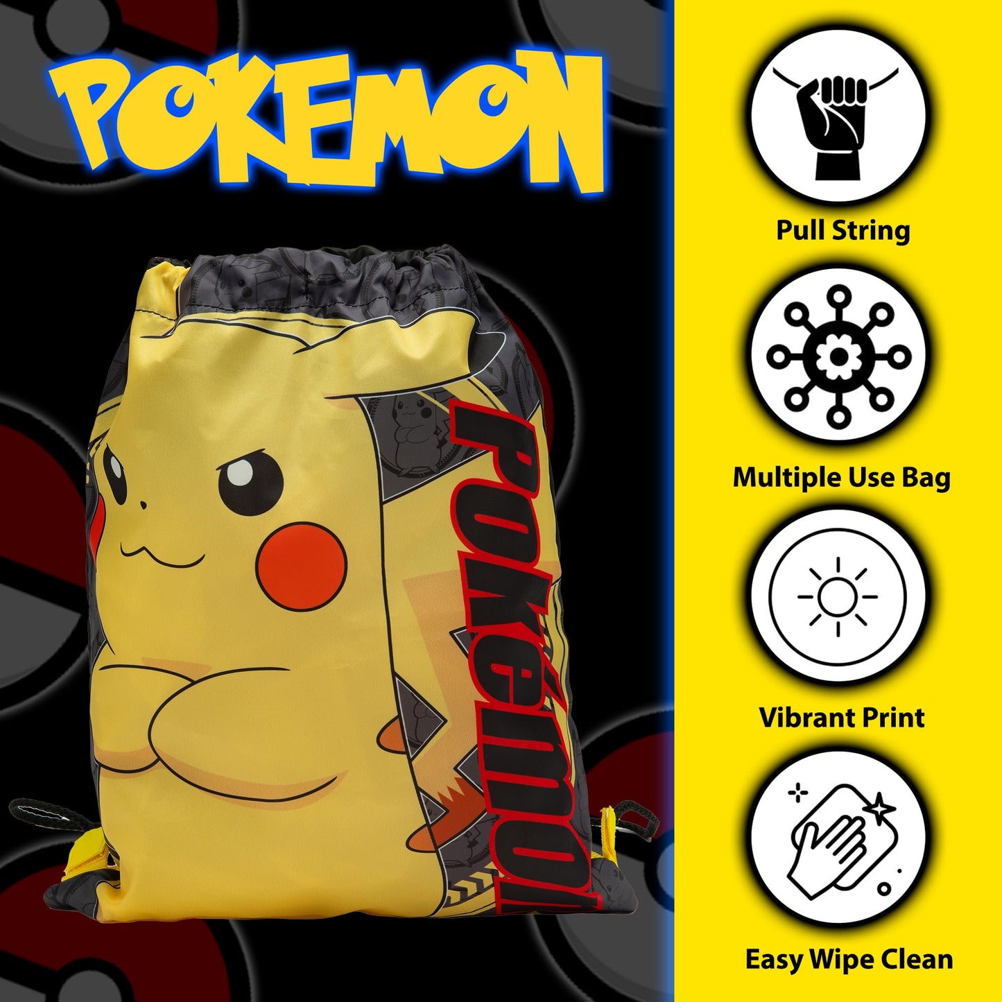 Pokemon Drawstring Bag Kids PE Kit Gym Swim Bag For Boys & Girls School Trainer School Pikachu Print - My Little Legends