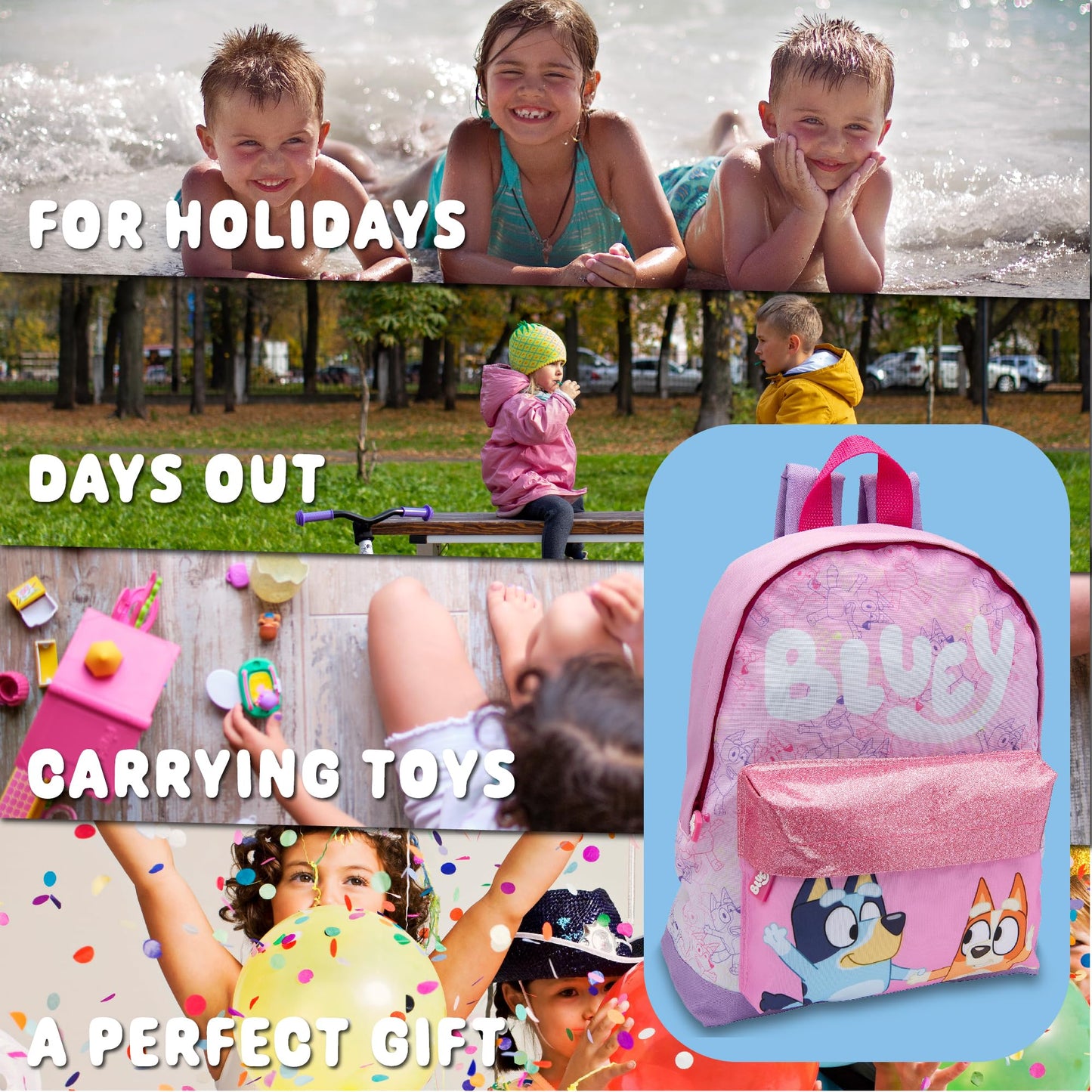 Bluey Kids Backpack Preschool Childrens Bag Girls Nursery Rucksack With Glittery Front Pocket - Pink - My Little Legends