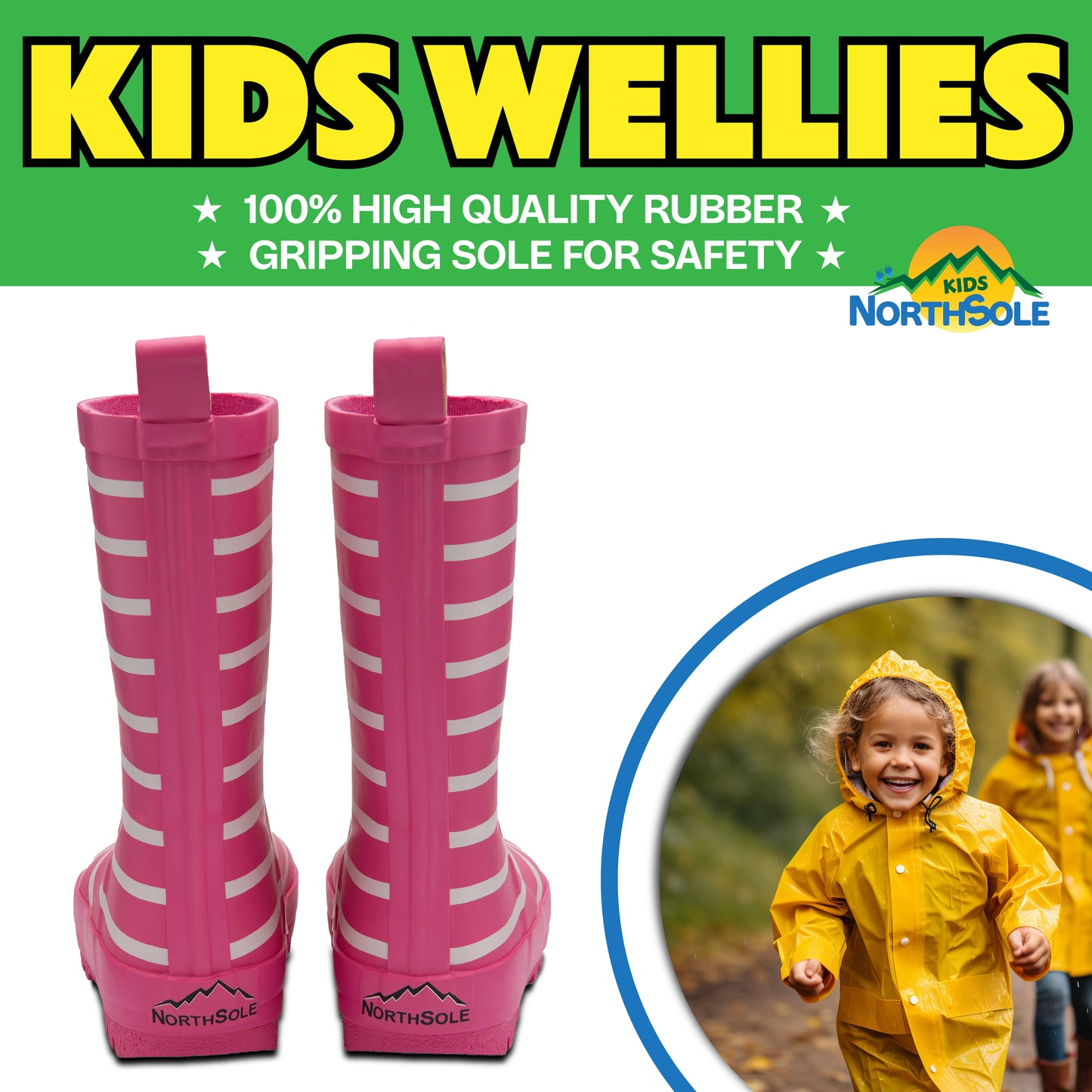 NorthSole Kids Wellies Striped Rubber Wellington Boots Boys & Girls Childrens Welly Sizes 9-2 - My Little Legends