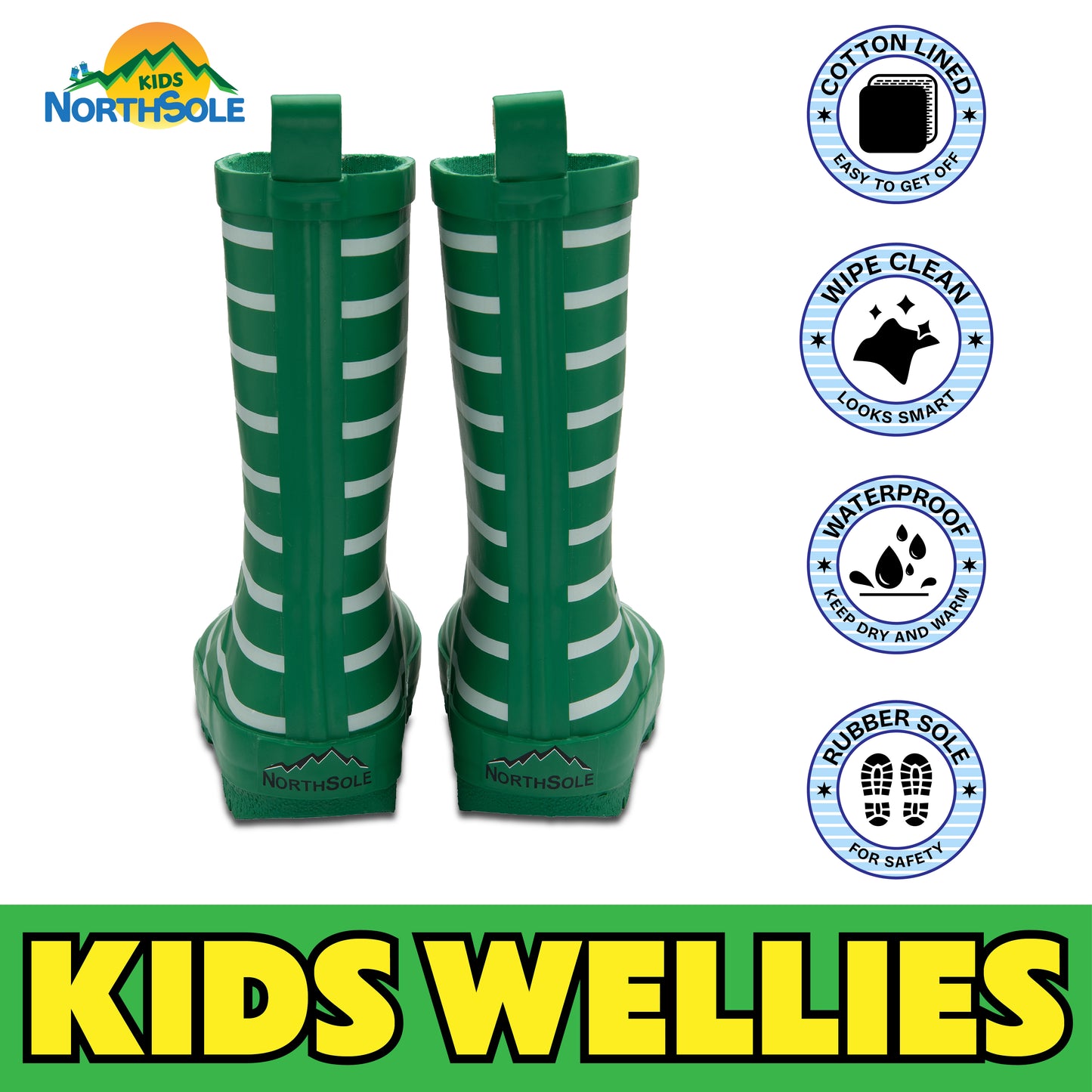 NorthSole Kids Wellies Striped Rubber Wellington Boots Boys & Girls Childrens Welly Sizes 9-2 - My Little Legends
