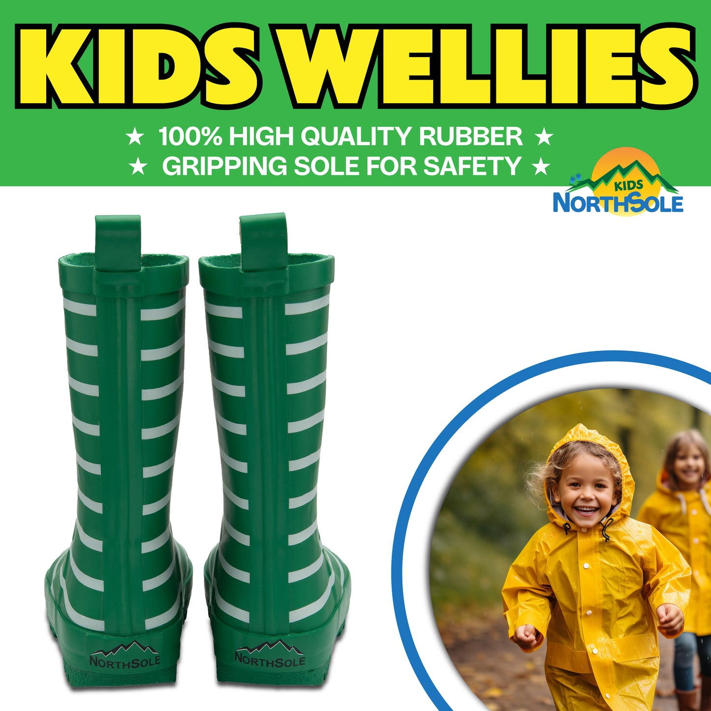NorthSole Kids Wellies Striped Rubber Wellington Boots Boys & Girls Childrens Welly Sizes 9-2 - My Little Legends