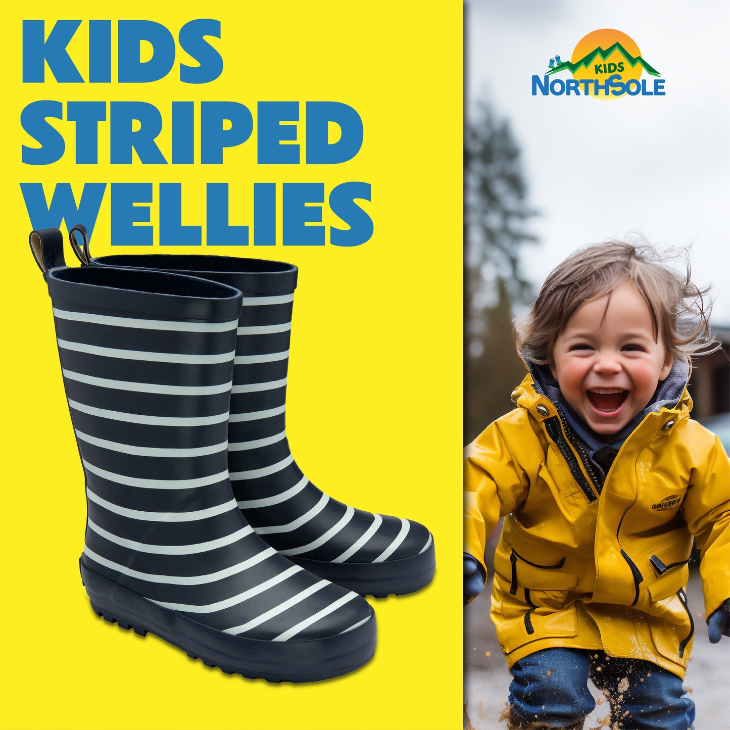 NorthSole Kids Wellies Striped Rubber Wellington Boots Boys & Girls Childrens Welly Sizes 9-2 - My Little Legends