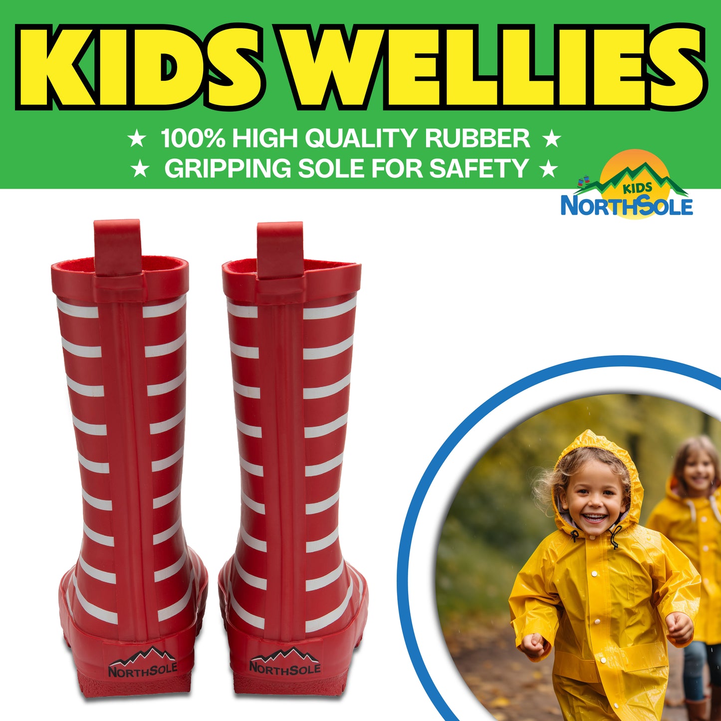 NorthSole Kids Wellies Striped Rubber Wellington Boots Boys & Girls Childrens Welly Sizes 9-2 - My Little Legends