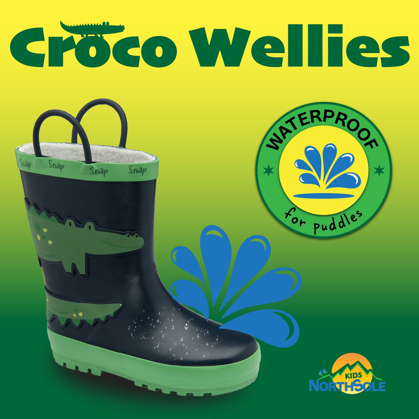 NorthSole Kids Wellies Boys & Girls Childrens Rubber Wellington Boots With Easy Pull On Handles Fleece Lined - My Little Legends