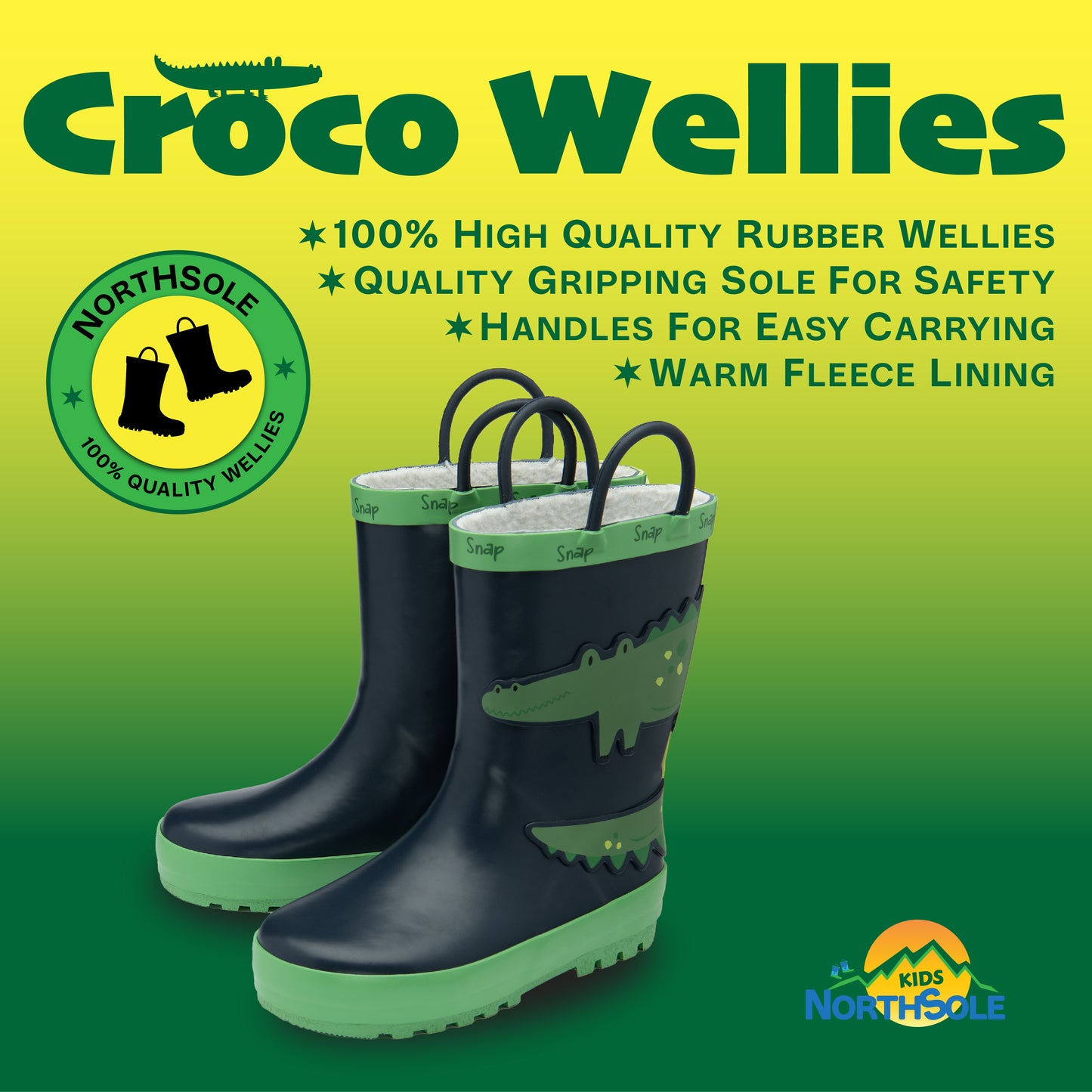 NorthSole Kids Wellies Boys & Girls Childrens Rubber Wellington Boots With Easy Pull On Handles Fleece Lined - My Little Legends