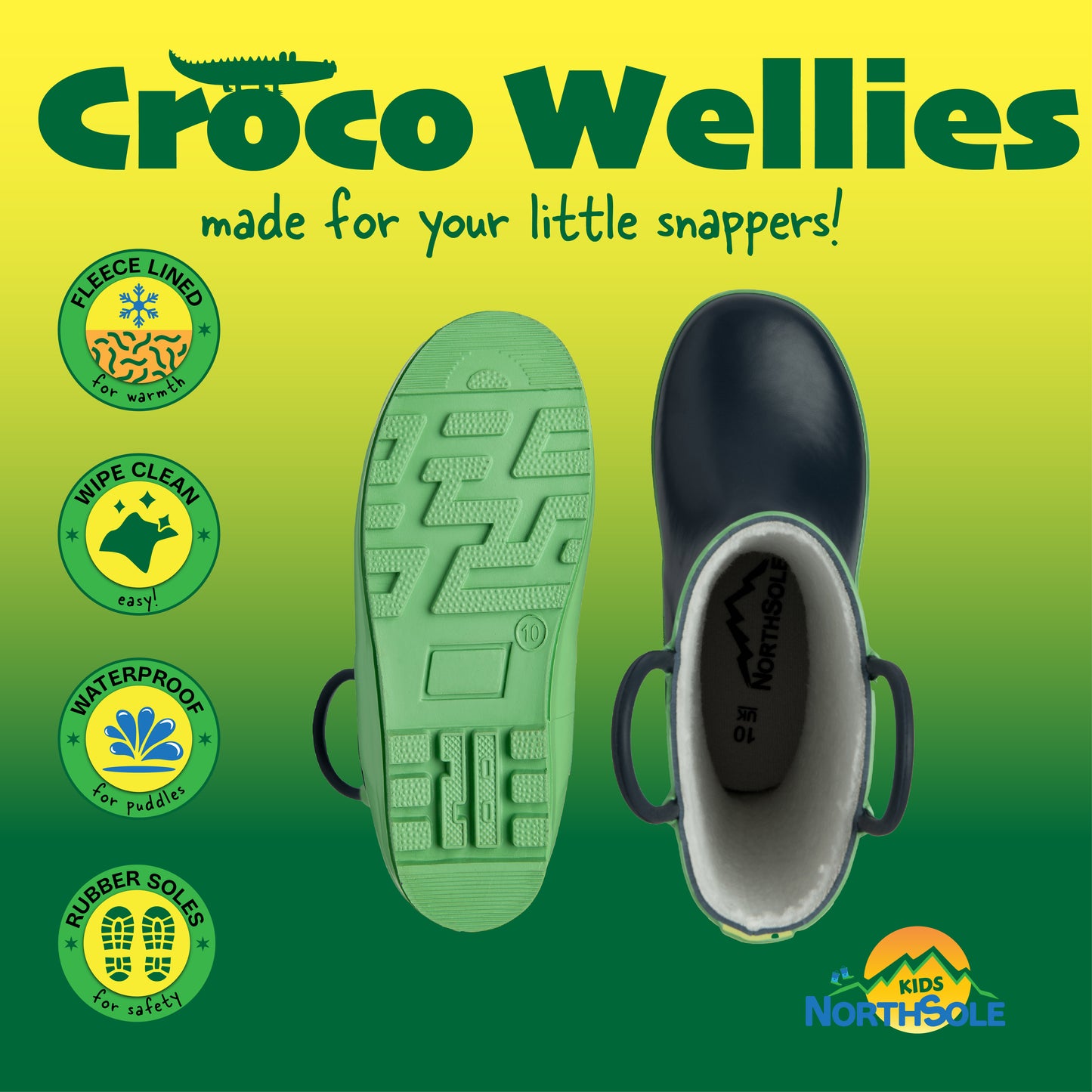 NorthSole Kids Wellies Boys & Girls Childrens Rubber Wellington Boots With Easy Pull On Handles Fleece Lined - My Little Legends
