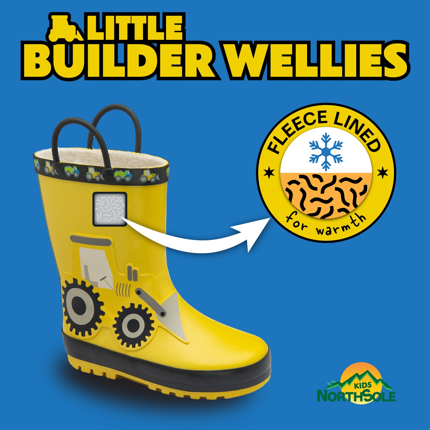 NorthSole Kids Wellies Boys & Girls Childrens Rubber Wellington Boots With Easy Pull On Handles Fleece Lined - My Little Legends