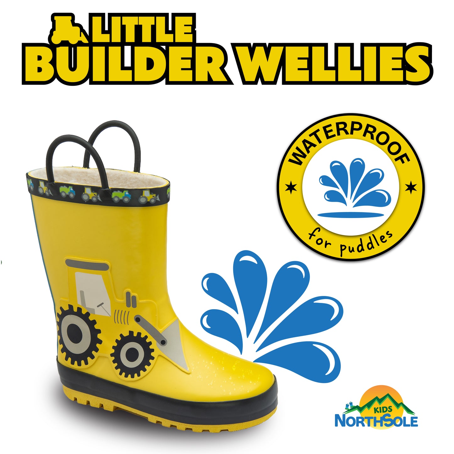 NorthSole Kids Wellies Boys & Girls Childrens Rubber Wellington Boots With Easy Pull On Handles Fleece Lined - My Little Legends