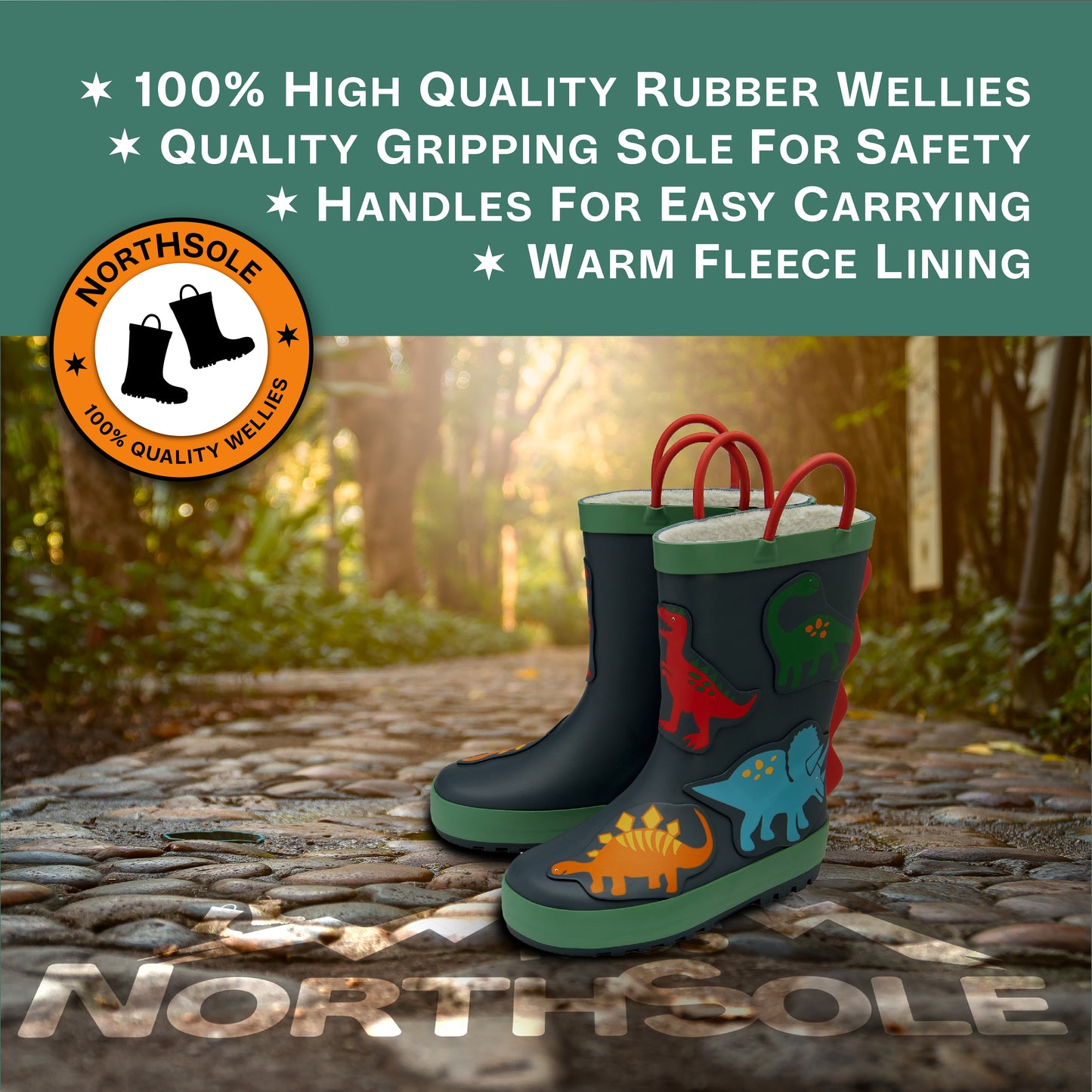 NorthSole Kids Wellies Boys & Girls Childrens Rubber Wellington Boots With Easy Pull On Handles Fleece Lined - My Little Legends