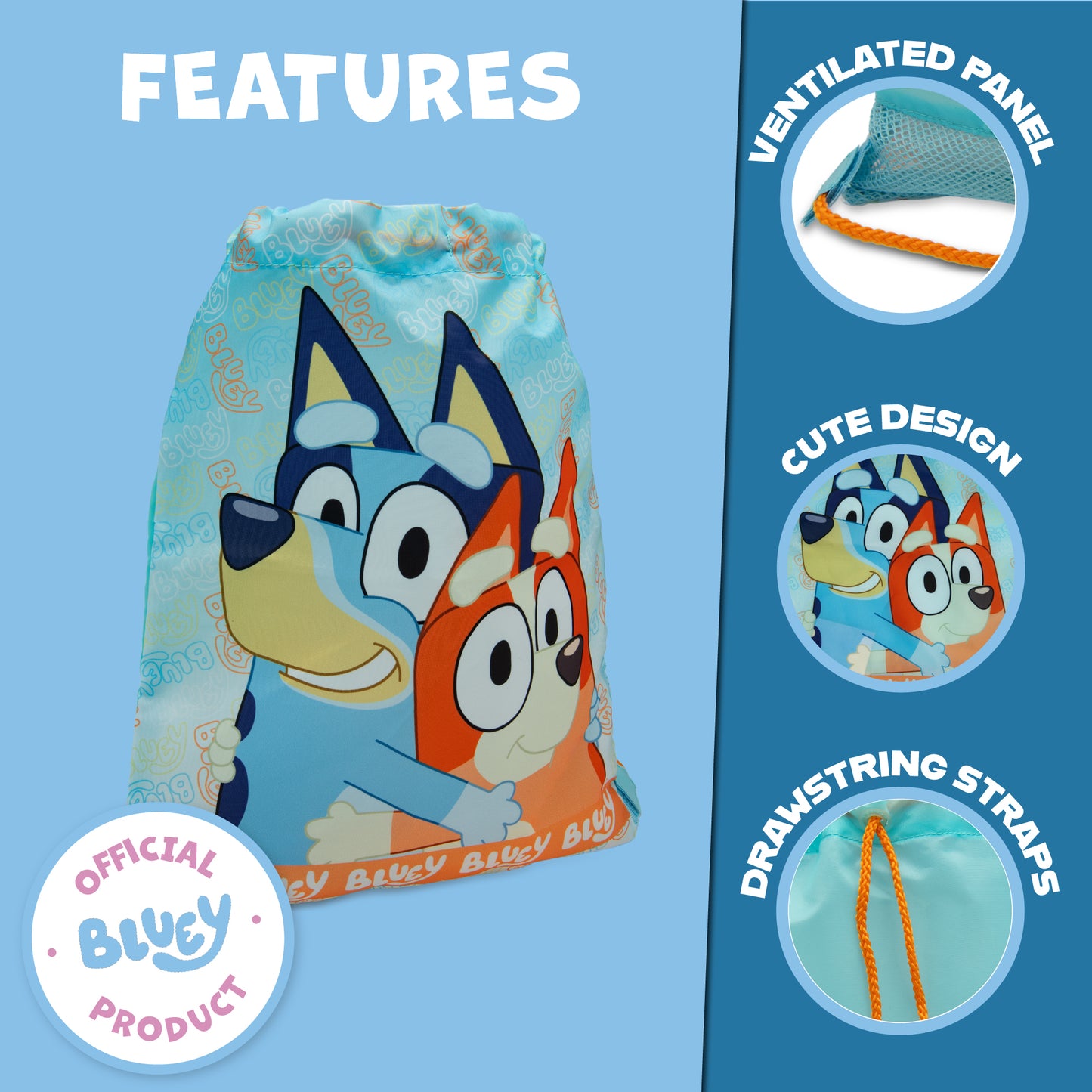 Bluey Drawstring Bag Kids PE Kit Gym Swim Sack Boys & Girls Childrens School Trainer School Backpack - My Little Legends