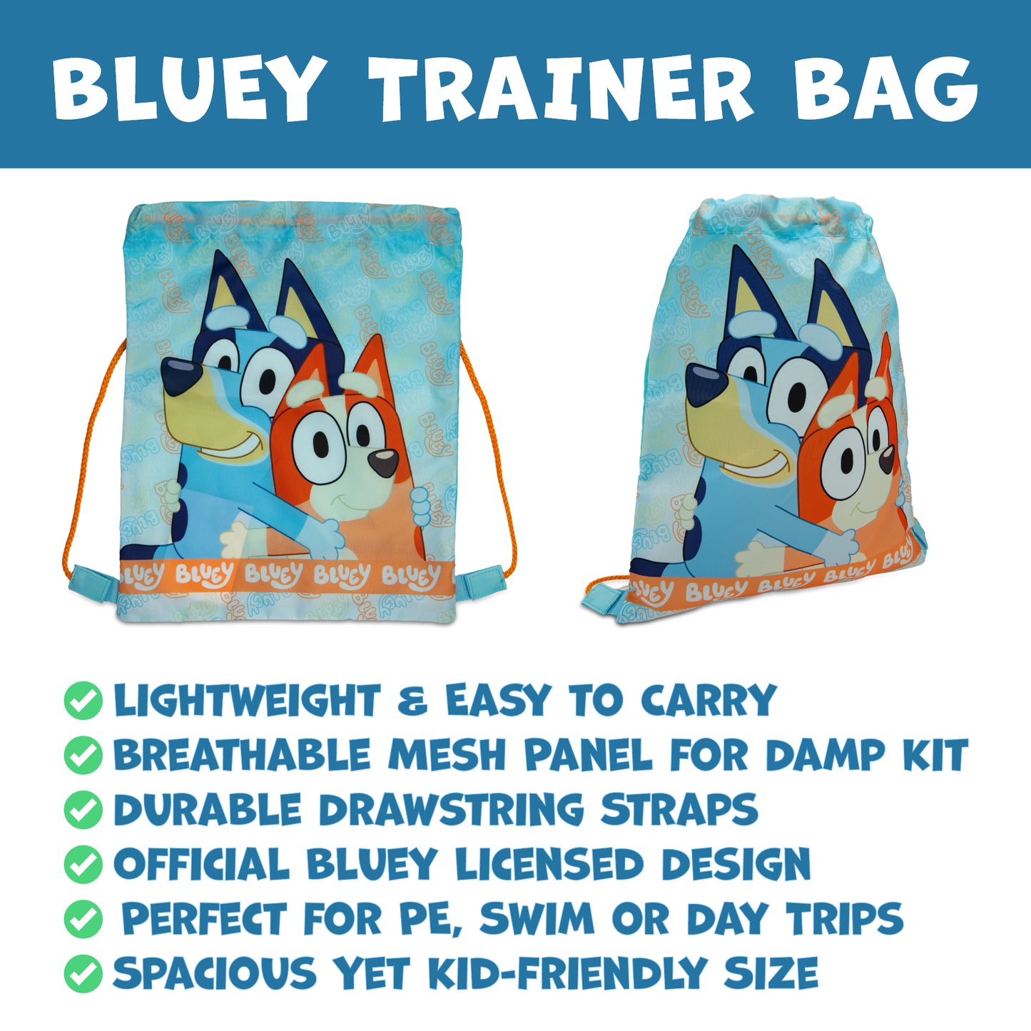 Bluey Drawstring Bag Kids PE Kit Gym Swim Sack Boys & Girls Childrens School Trainer School Backpack - My Little Legends