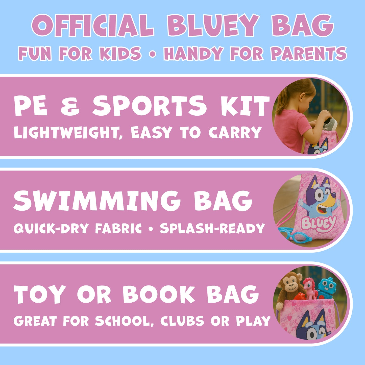 Bluey Drawstring Bag Kids PE Kit Gym Swim Sack Boys & Girls Childrens School Trainer School Backpack - My Little Legends