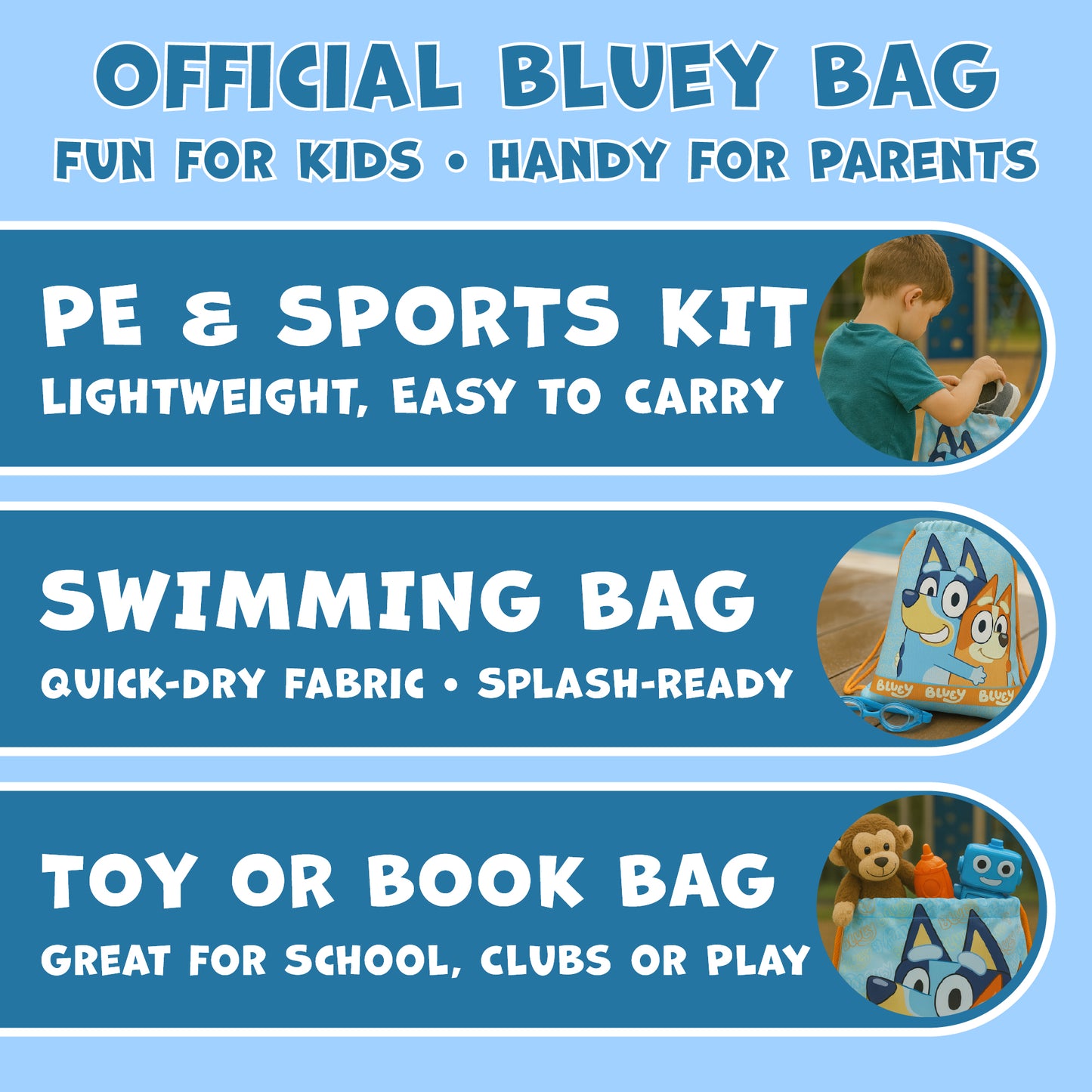 Bluey Drawstring Bag Kids PE Kit Gym Swim Sack Boys & Girls Childrens School Trainer School Backpack - My Little Legends