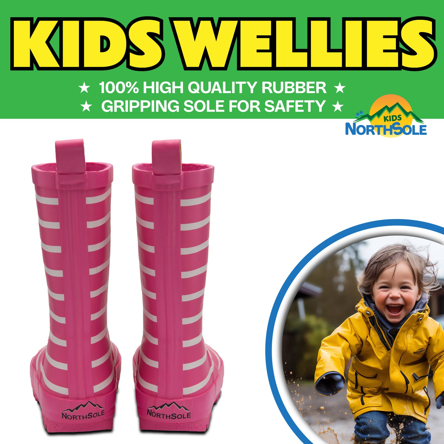 NorthSole Kids Wellies Striped Rubber Wellington Boots Boys & Girls Childrens Welly Sizes 9-2 - My Little Legends