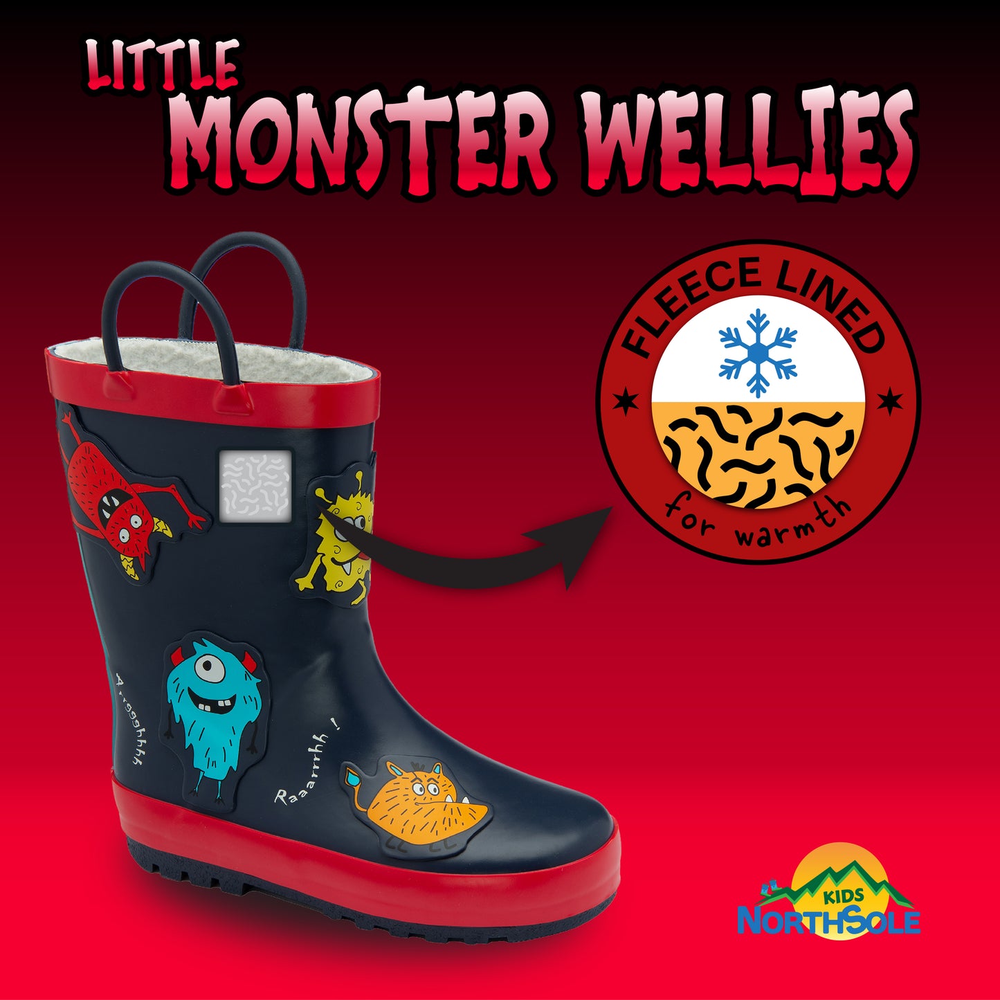 NorthSole Kids Wellies Boys & Girls Childrens Rubber Wellington Boots With Easy Pull On Handles Fleece Lined - My Little Legends