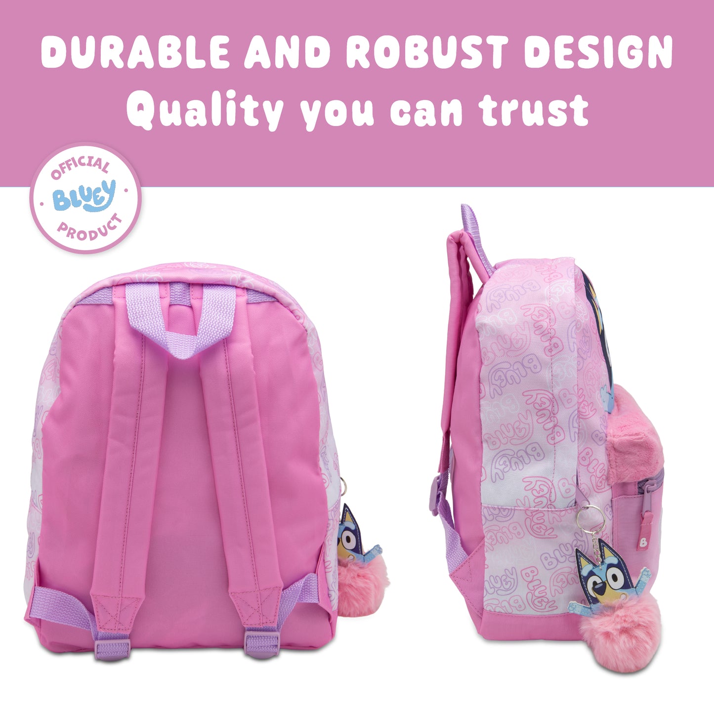 Bluey Kids Backpack Preschool Childrens Bag Girls Nursery Rucksack With Embroidered Fluffy Front Pocket & Pom Pom Keyring - My Little Legends