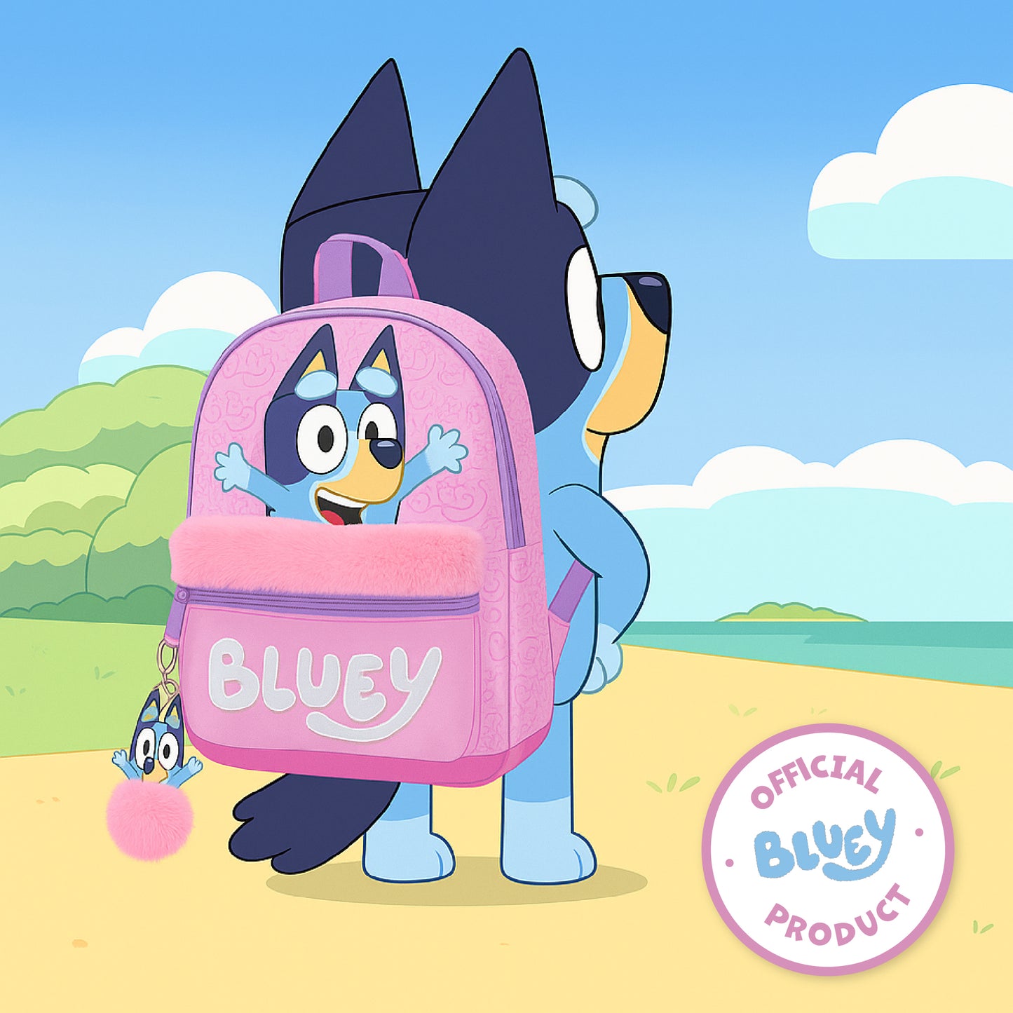 Bluey Kids Backpack Preschool Childrens Bag Girls Nursery Rucksack With Embroidered Fluffy Front Pocket & Pom Pom Keyring - My Little Legends