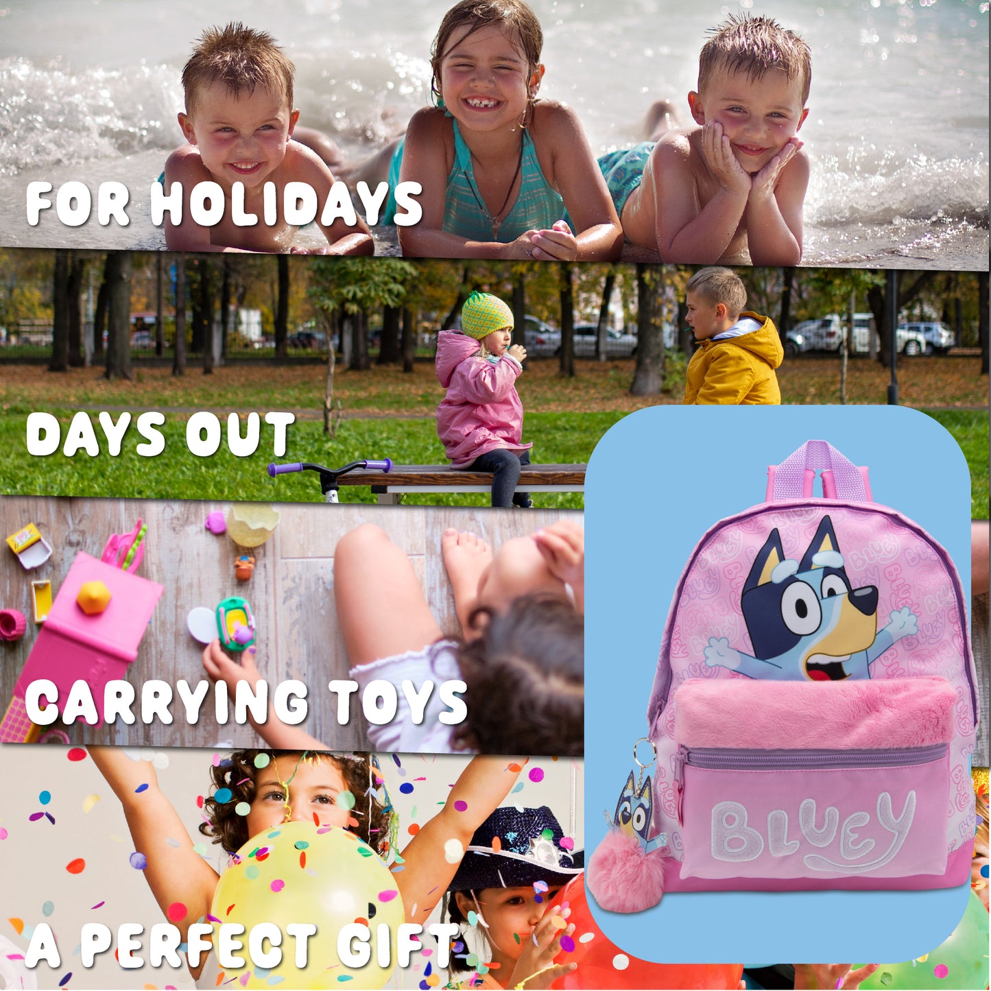 Bluey Kids Backpack Preschool Childrens Bag Girls Nursery Rucksack With Embroidered Fluffy Front Pocket & Pom Pom Keyring - My Little Legends