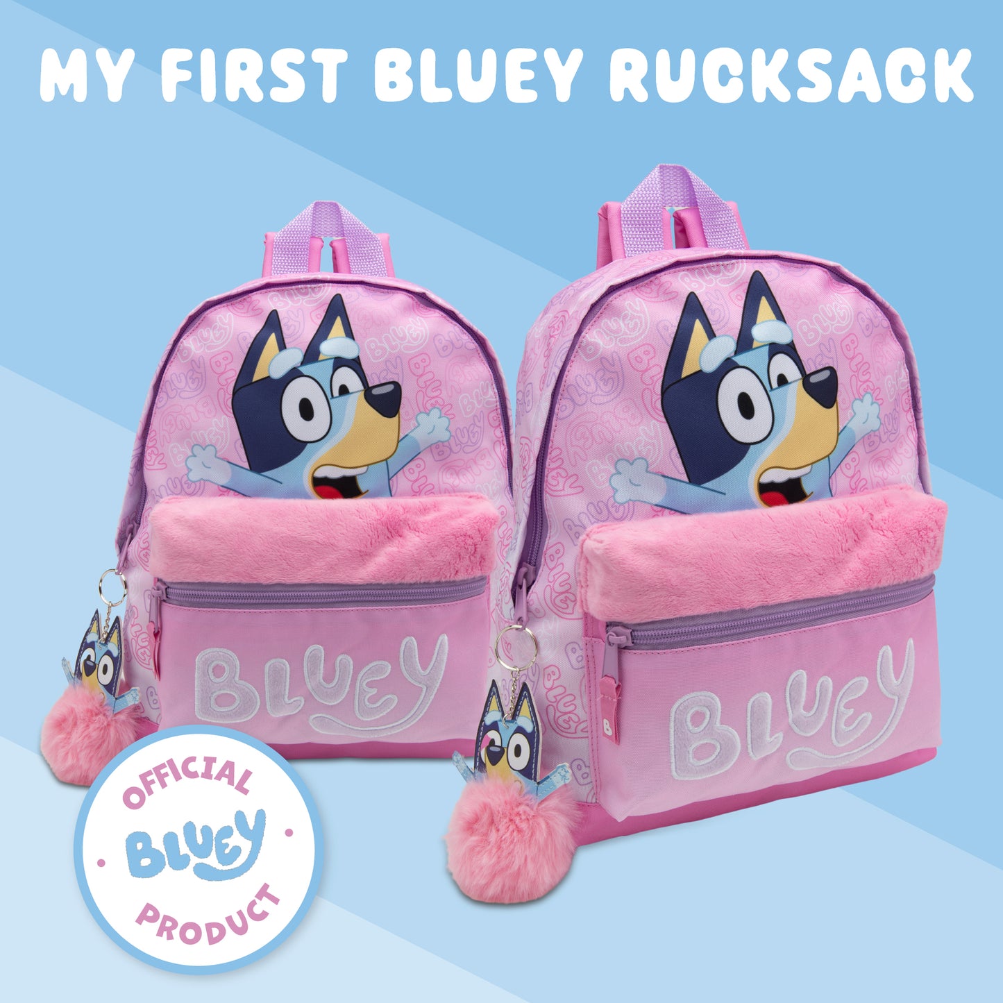 Bluey Kids Backpack Preschool Childrens Bag Girls Nursery Rucksack With Embroidered Fluffy Front Pocket & Pom Pom Keyring - My Little Legends