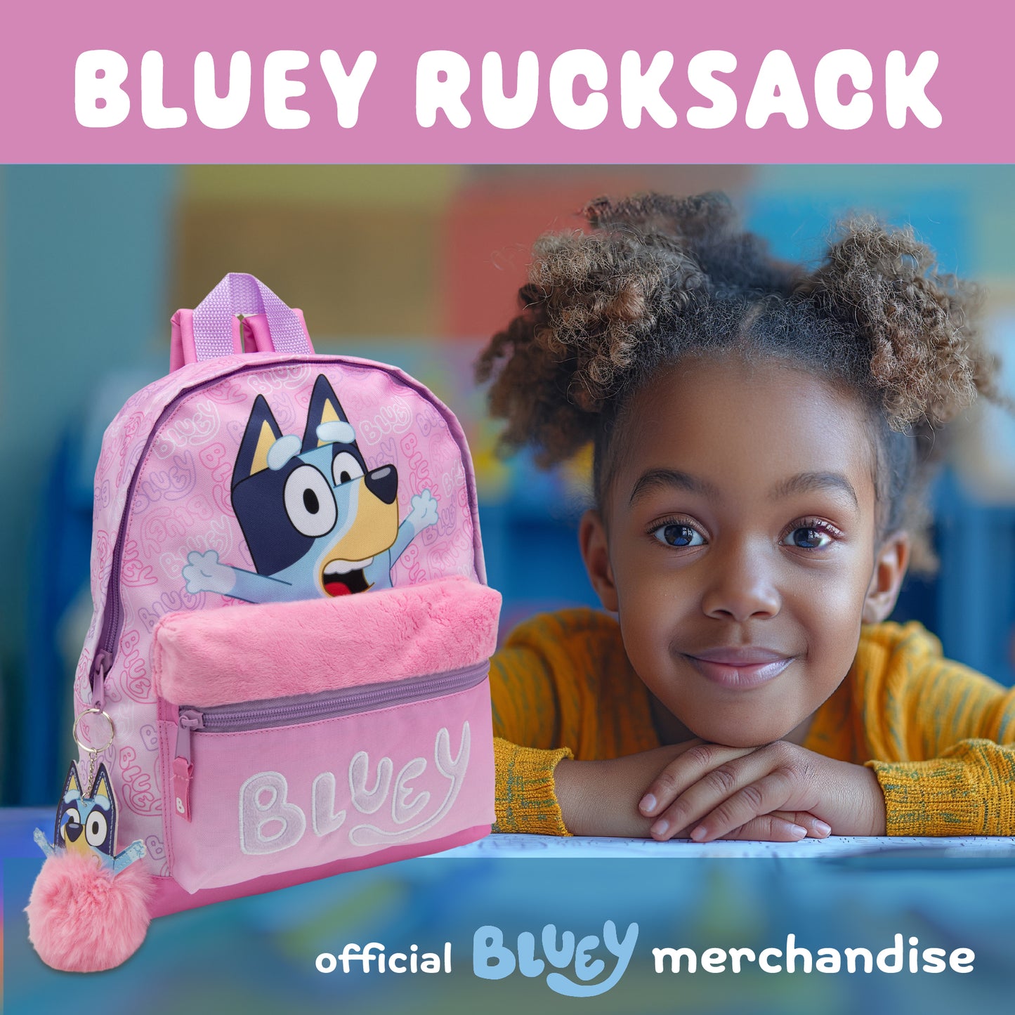 Bluey Kids Backpack Preschool Childrens Bag Girls Nursery Rucksack With Embroidered Fluffy Front Pocket & Pom Pom Keyring - My Little Legends