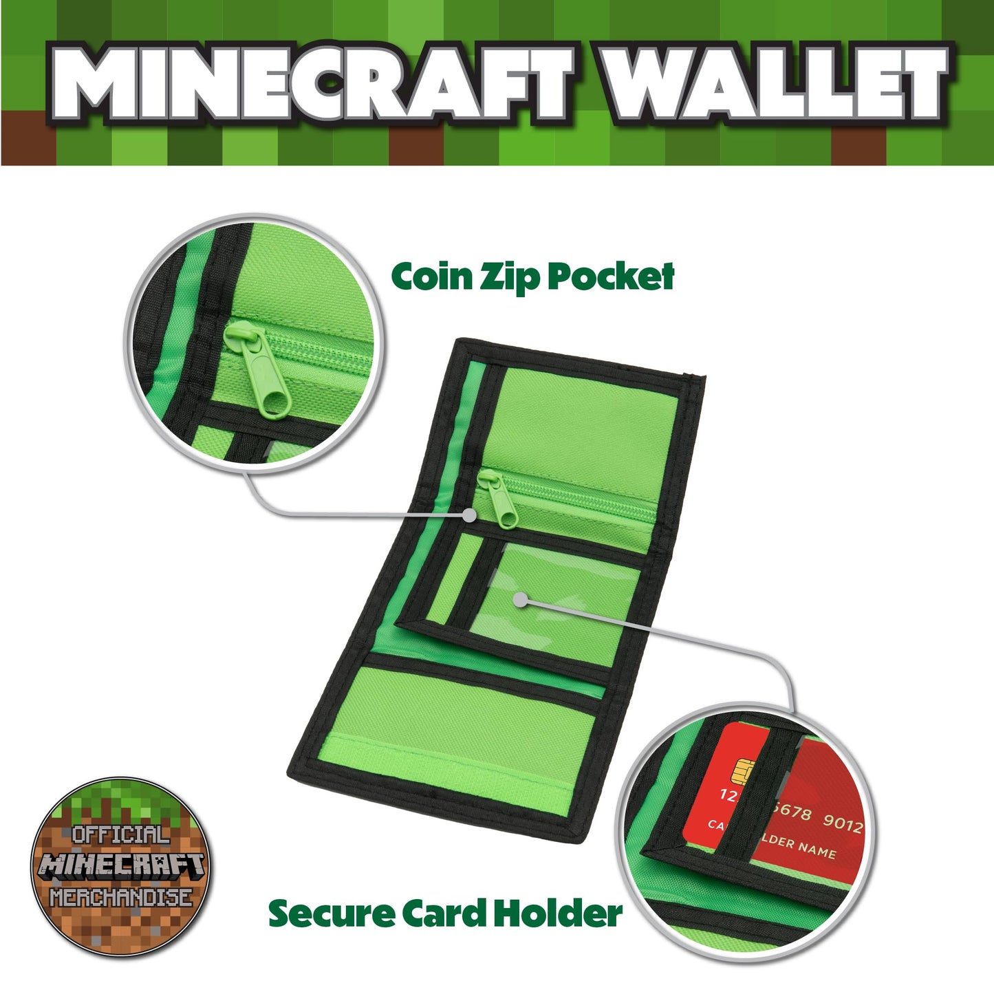 Minecraft Boys Wallet for Kids with Card Slots & Zip Coin Pocket Creeper Gamer Accessories Gaming Gift - My Little Legends
