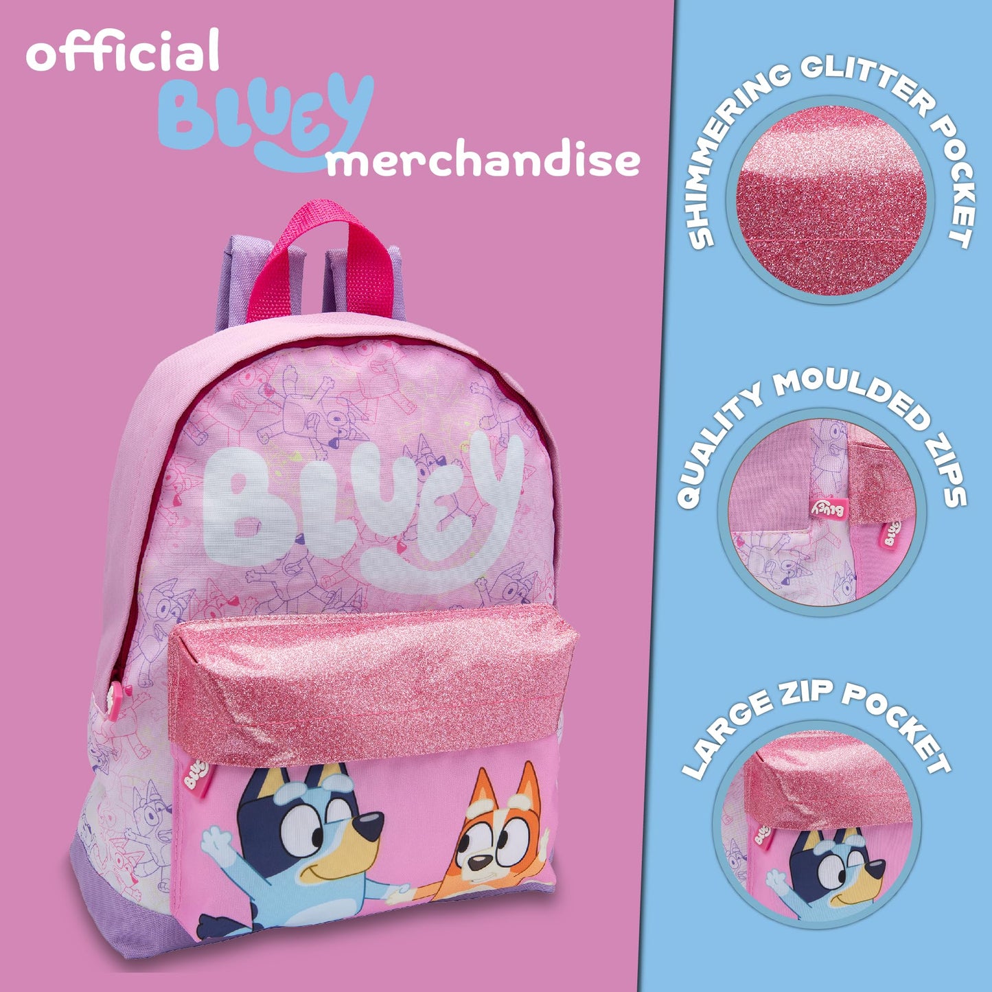 Bluey Kids Backpack Preschool Childrens Bag Girls Nursery Rucksack With Glittery Front Pocket - Pink - My Little Legends