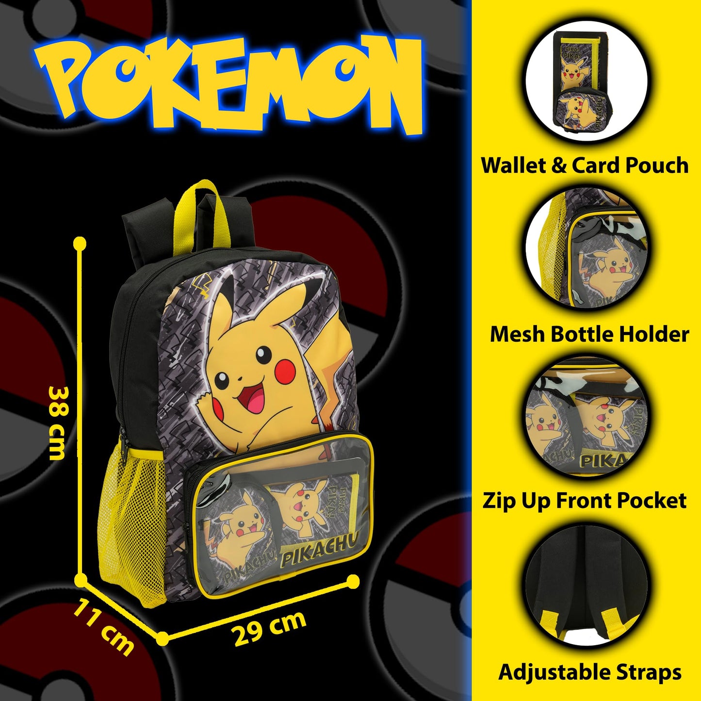Pokemon Backpack Kids School Bag Boys Girls Teens Rucksack Pikachu Pokeball Includes Wallet & Card Pouch - My Little Legends