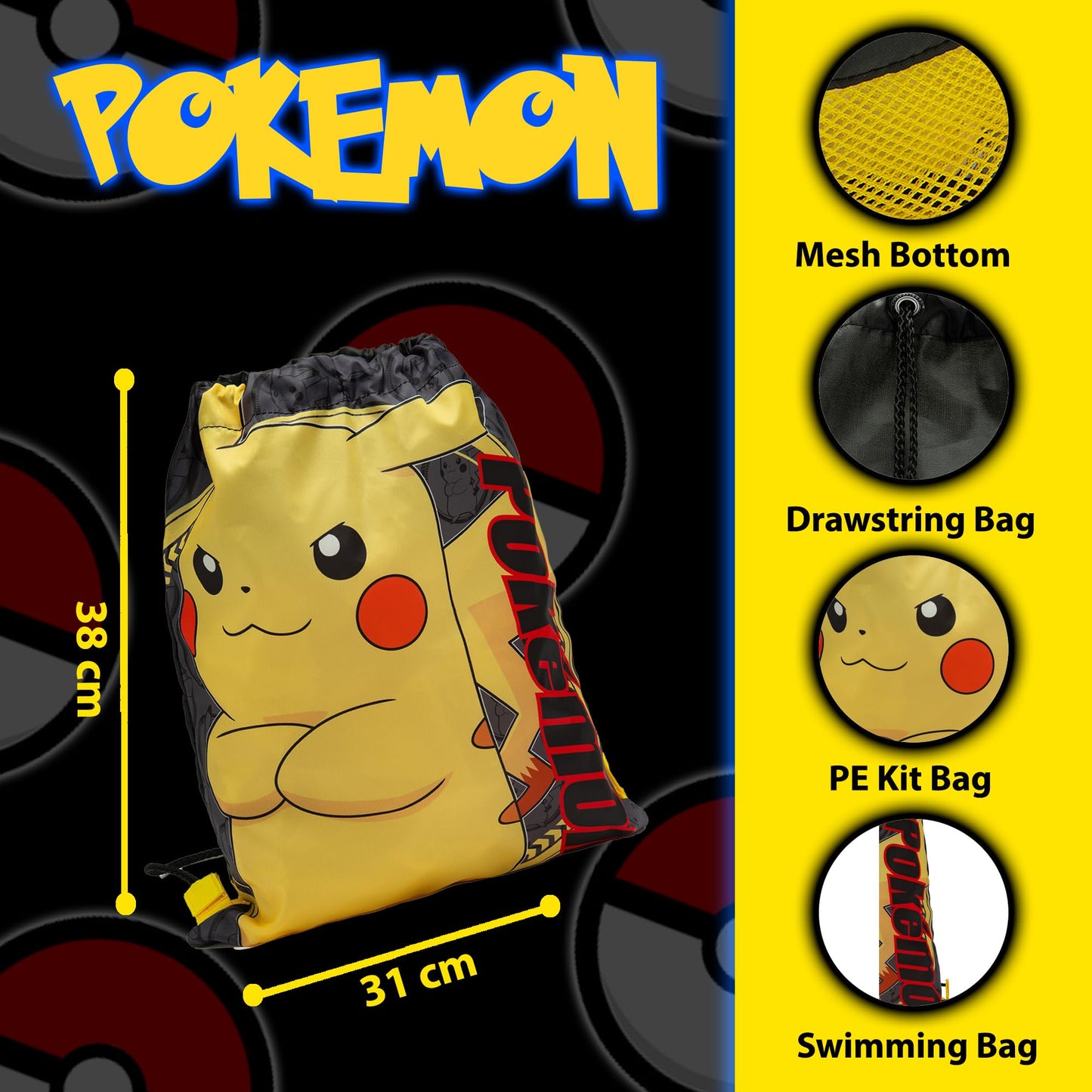 Pokemon Drawstring Bag Kids PE Kit Gym Swim Bag For Boys & Girls School Trainer School Pikachu Print - My Little Legends
