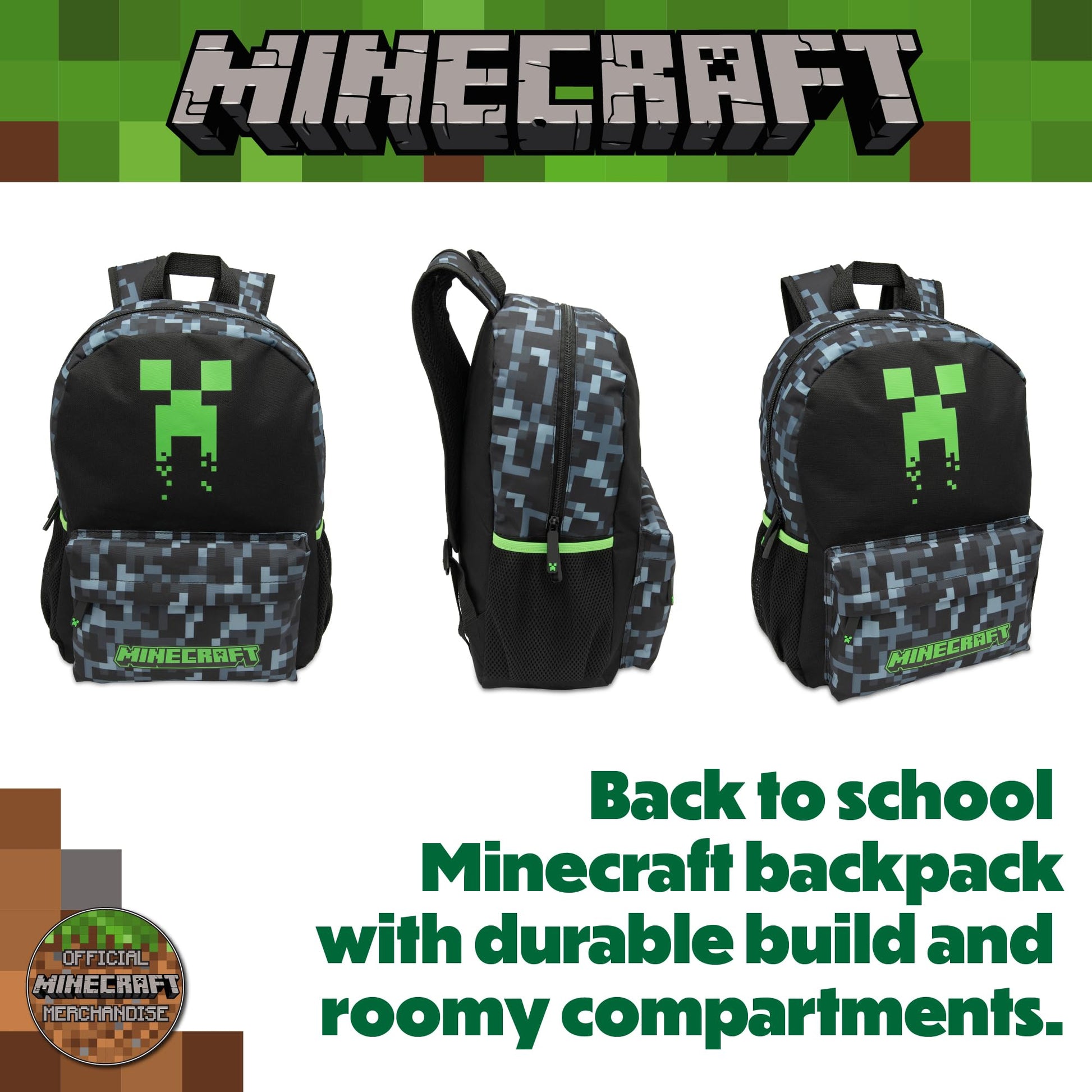 Minecraft Kids Backpack Childrens School Bag Boys Rucksack With Sad Creeper Face - My Little Legends