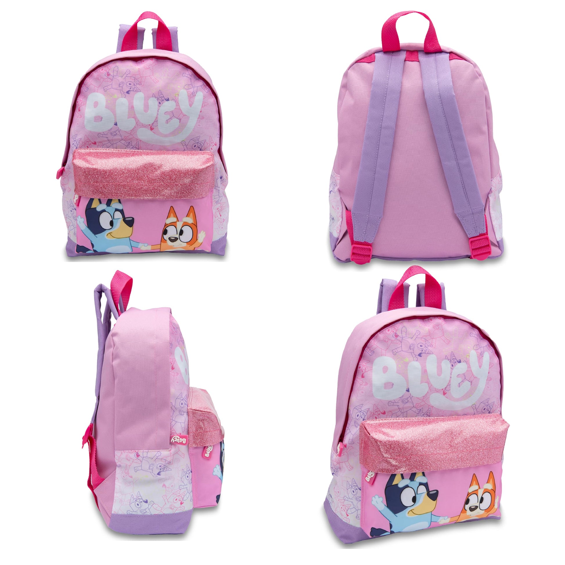 Bluey Kids Backpack Preschool Childrens Bag Girls Nursery Rucksack With Glittery Front Pocket - Pink - My Little Legends