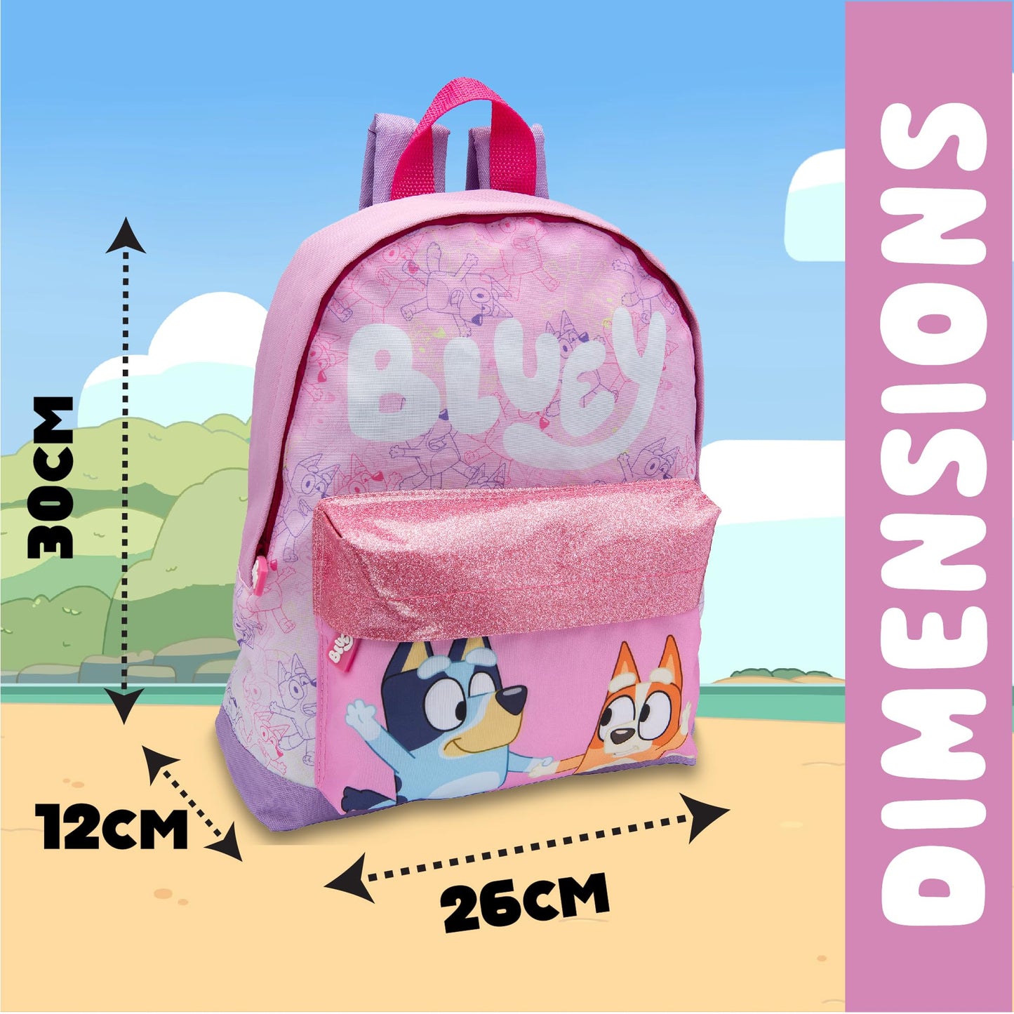Bluey Kids Backpack Preschool Childrens Bag Girls Nursery Rucksack With Glittery Front Pocket - Pink - My Little Legends
