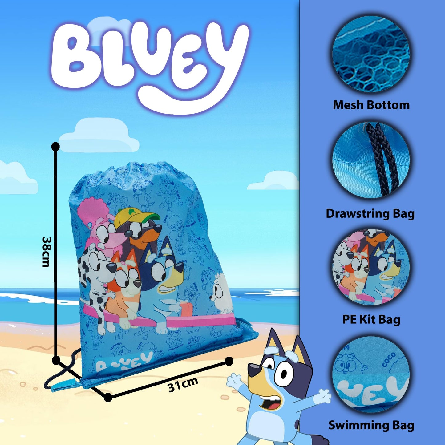 Bluey & Friends Drawstring Bag Kids PE Kit Gym Swim Bag For Boys & Girls School Trainer School Backpack - My Little Legends