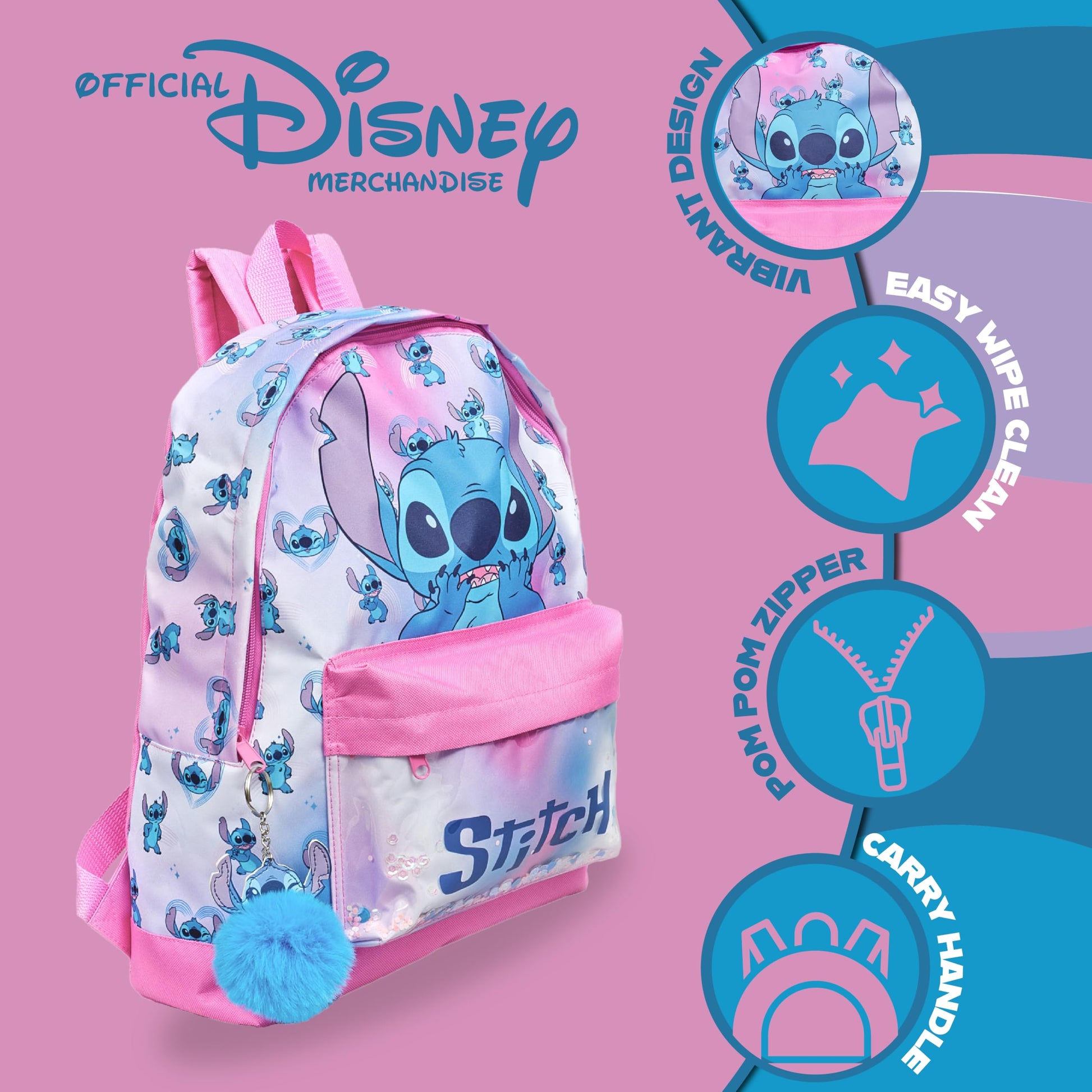 Disney Stitch Girls Backpack Kids Pom Pom Keyring Glitter Pocket School Bag Childrens Rucksack - My Little Legends