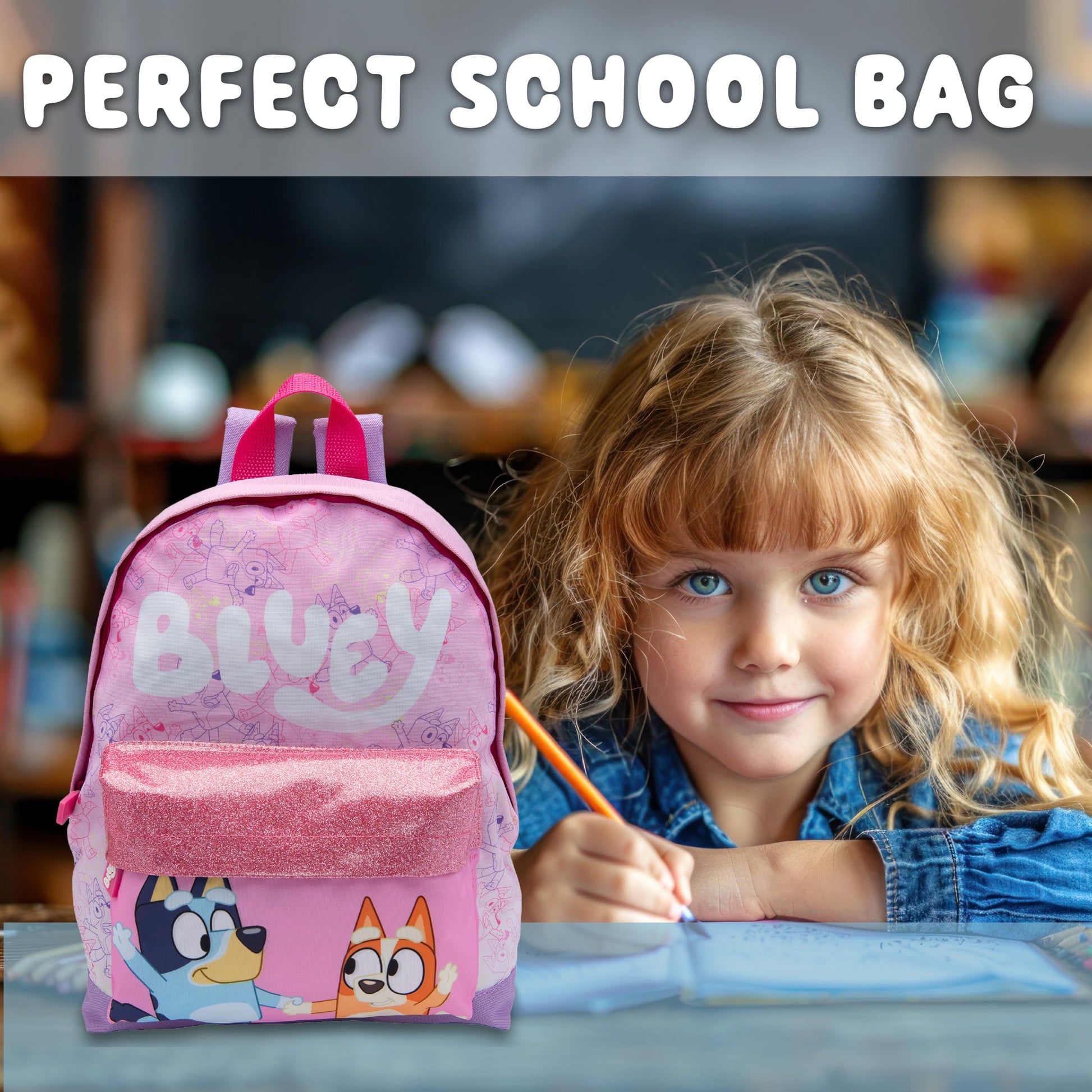 Bluey Kids Backpack Preschool Childrens Bag Girls Nursery Rucksack With Glittery Front Pocket - Pink - My Little Legends