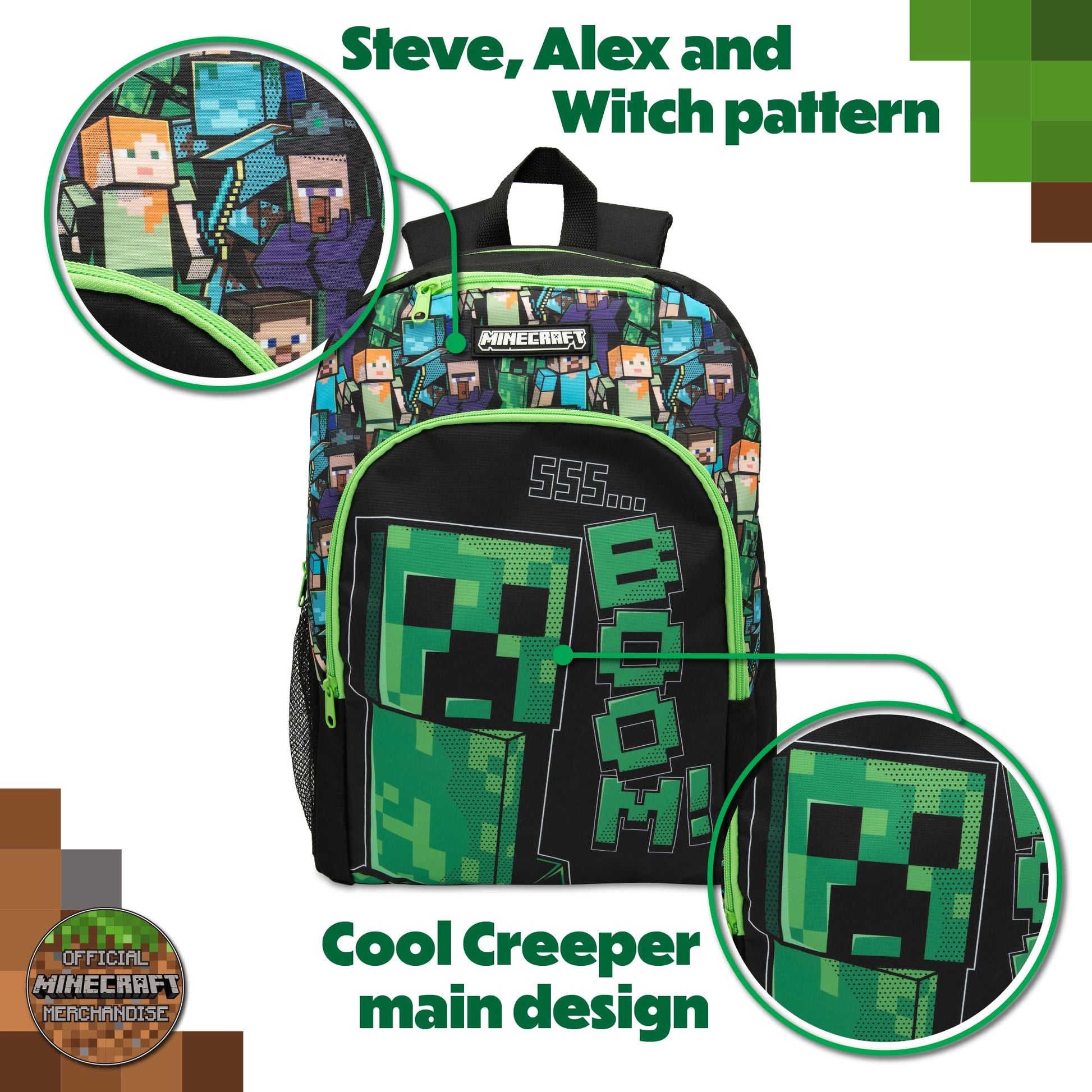 Minecraft Kids Backpack Childrens School Bag with Creeper Print Boys Gamer Rucksack - My Little Legends