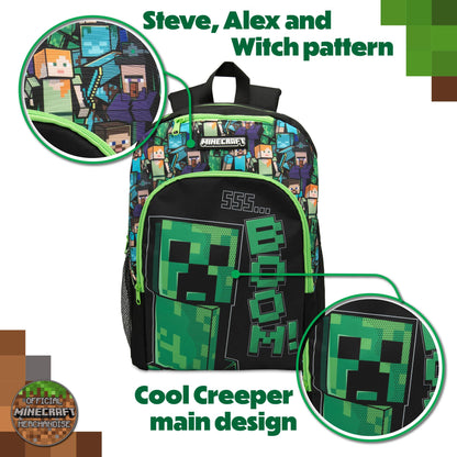 Minecraft Kids Backpack Childrens School Bag with Creeper Print Boys Gamer Rucksack - My Little Legends