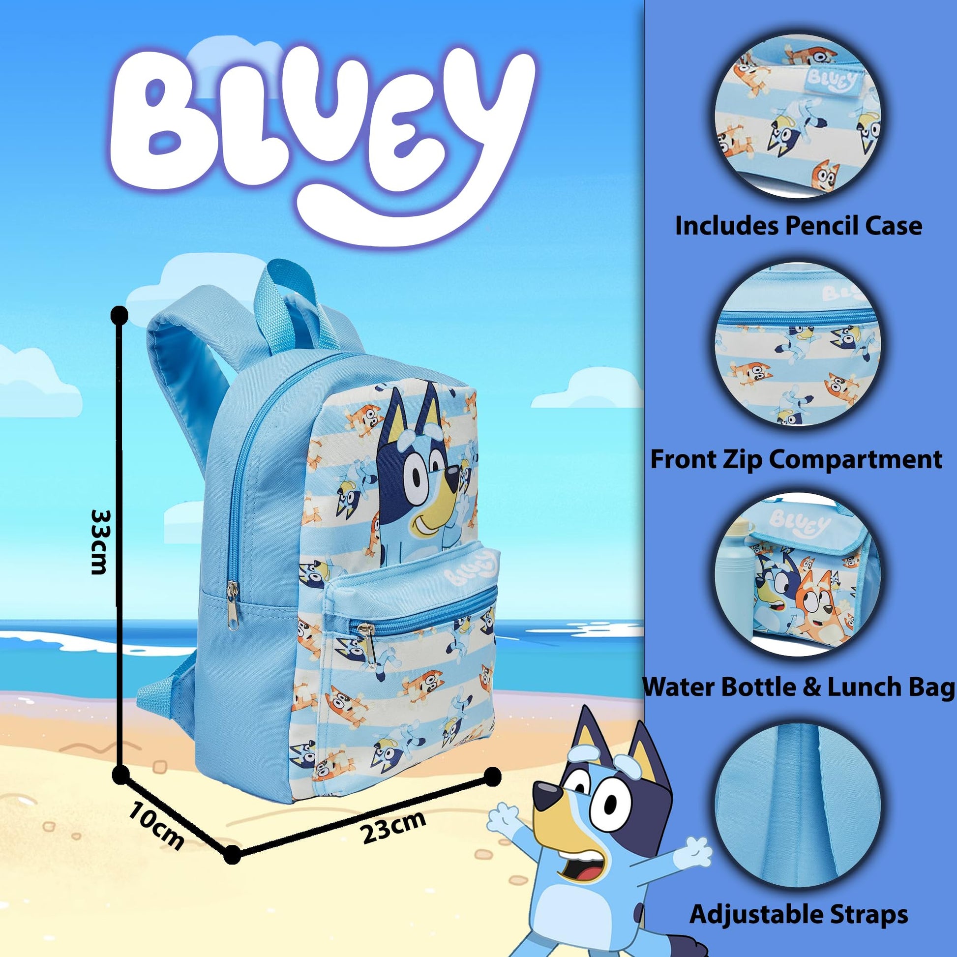 Bluey & Bingo Kids Backpack Lunch Bag Pencil Case & Water Bottle Set Childrens Nursery Rucksack - My Little Legends