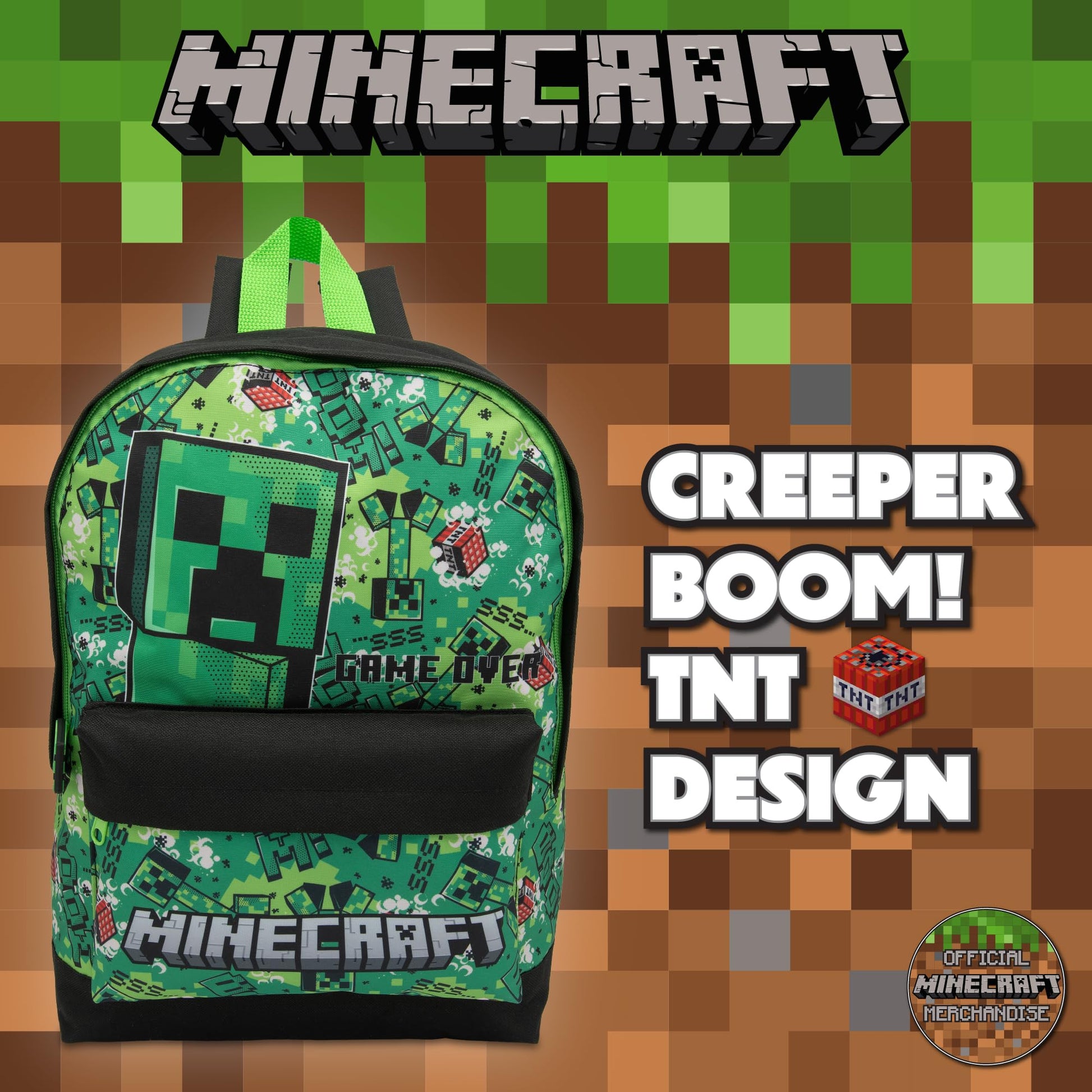 Minecraft Kids Backpack Childrens School Bag with Creeper & TNT Design Print Boys Gamer Rucksack - My Little Legends