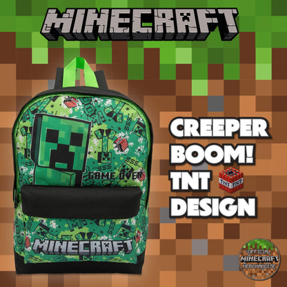 Minecraft Kids Backpack Childrens School Bag with Creeper & TNT Design Print Boys Gamer Rucksack - My Little Legends