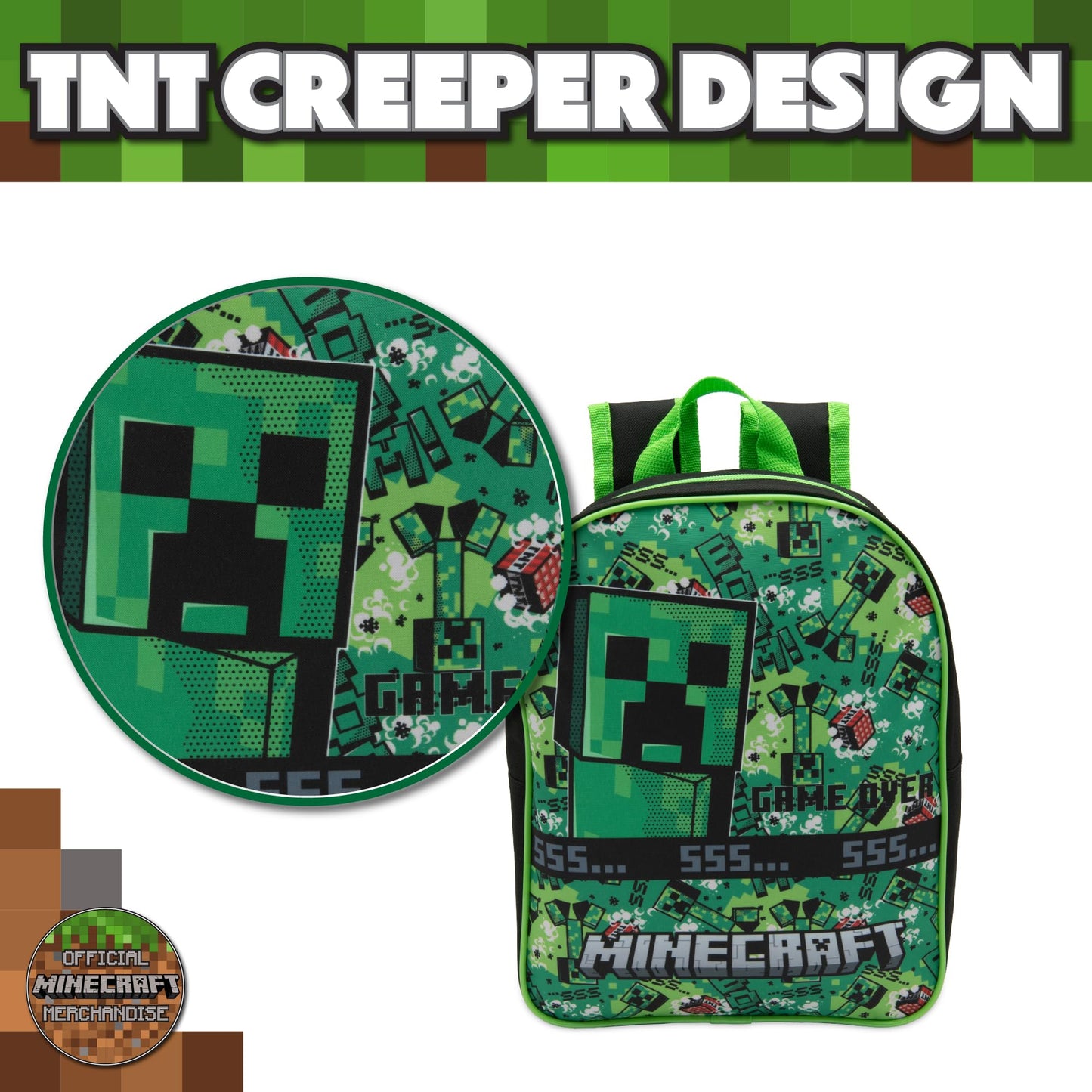 Minecraft Kids Backpack Childrens School Bag with Creeper & TNT Design Print Boys Nursery Rucksack - My Little Legends