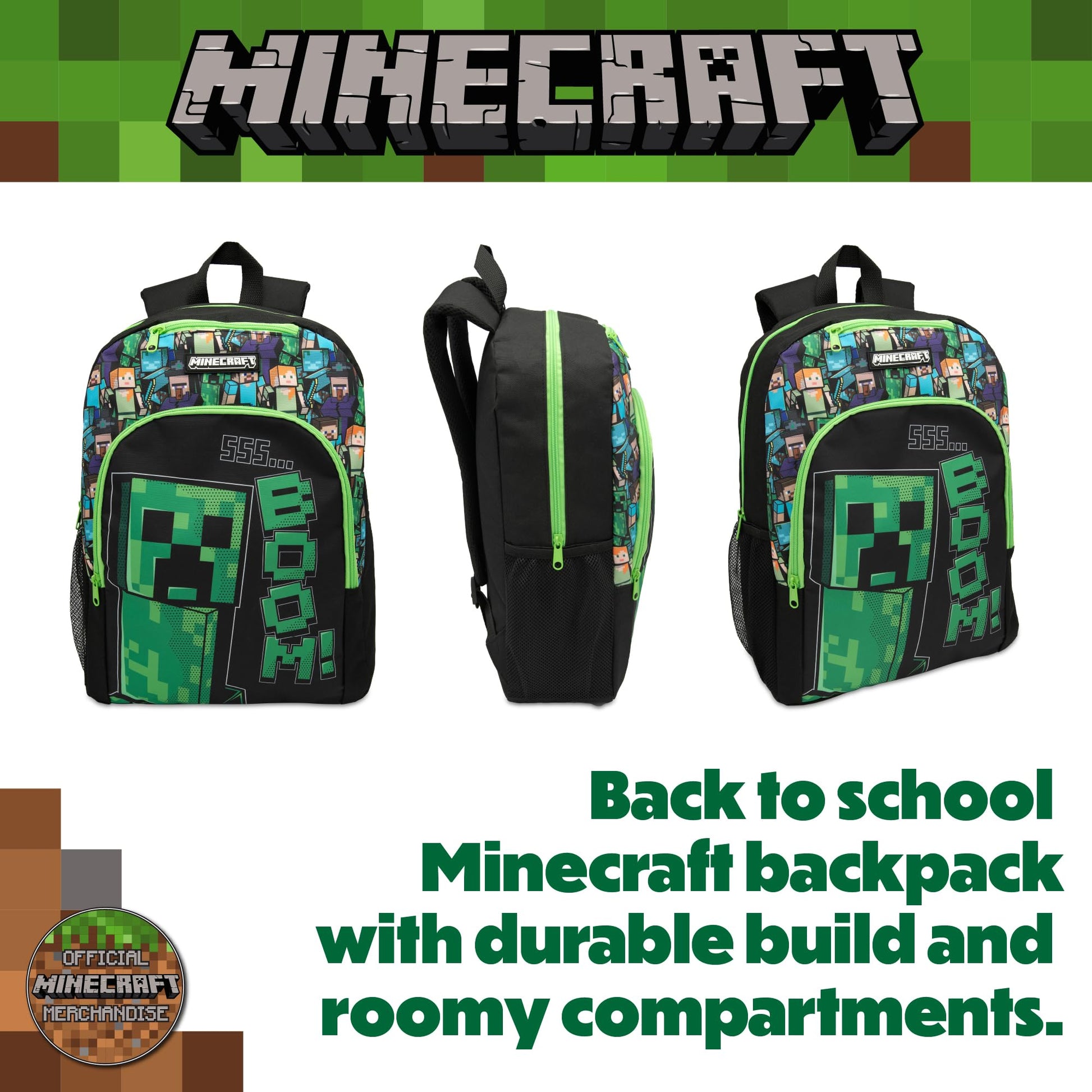 Minecraft Kids Backpack Childrens School Bag with Creeper Print Boys Gamer Rucksack - My Little Legends