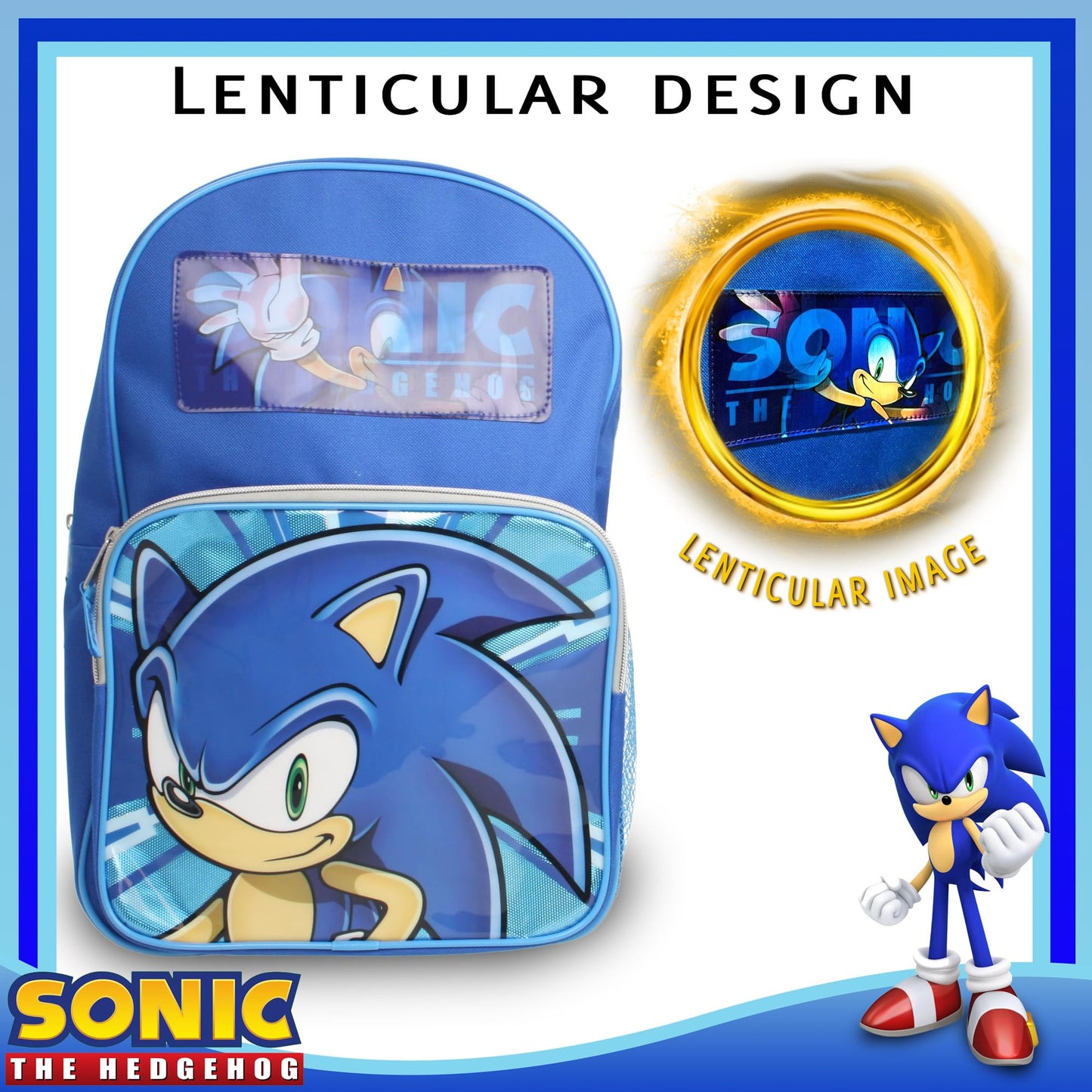 Sonic The Hedgehog Explosion Lenticular Backpack for School Large Travel Holiday Kids Bag Gift for Boys Girls, Blue - My Little Legends