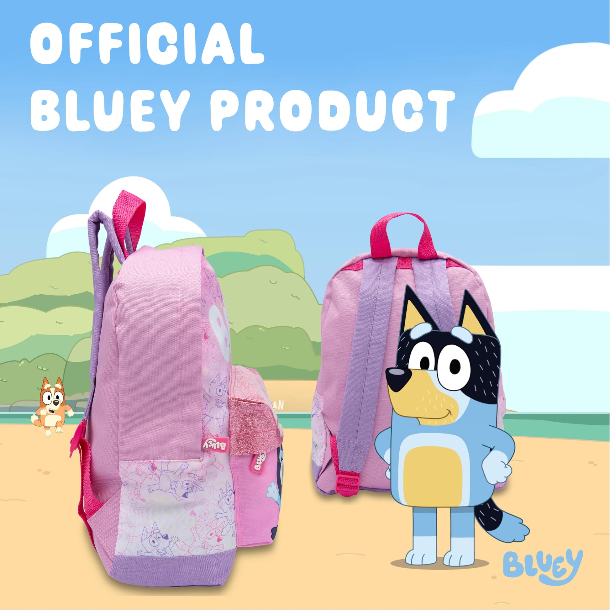 Bluey Kids Backpack Preschool Childrens Bag Girls Nursery Rucksack With Glittery Front Pocket - Pink - My Little Legends