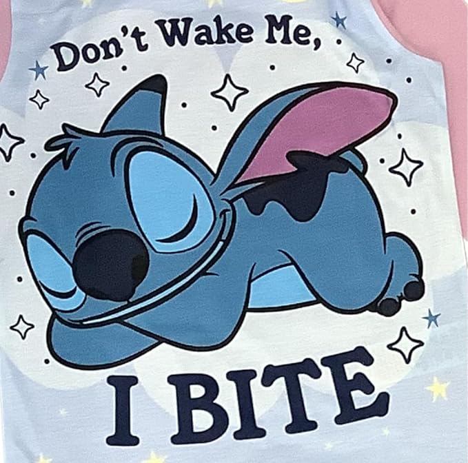 Disney Lilo & Stitch, Girls 2 Piece Pyjamas Set Featuring Stitch Don't Wake Me, I Bite, Pink, Age 5-12 Years - My Little Legends