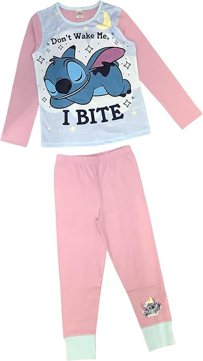 Disney Lilo & Stitch, Girls 2 Piece Pyjamas Set Featuring Stitch Don't Wake Me, I Bite, Pink, Age 5-12 Years - My Little Legends
